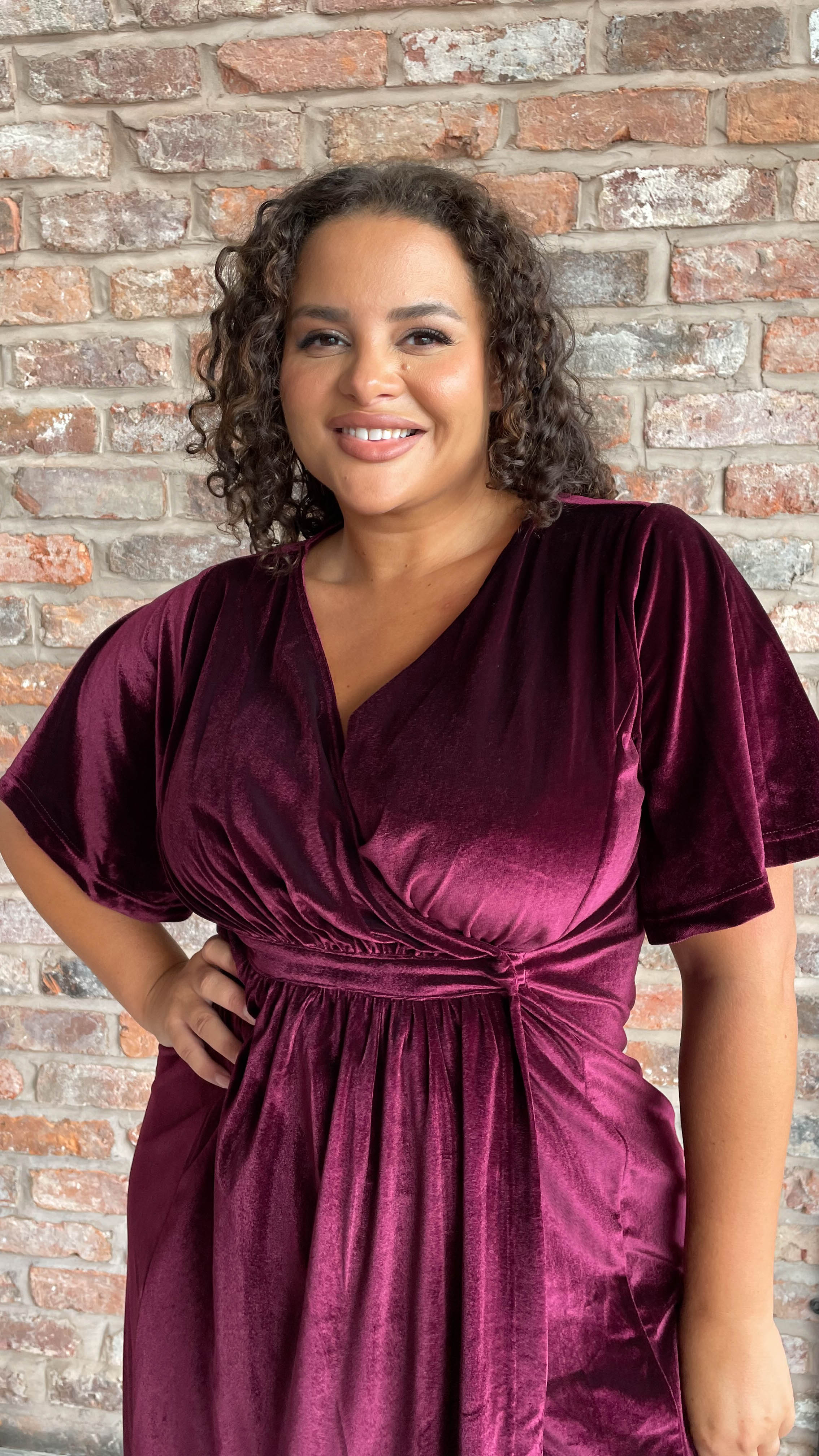 CurveWow Velour Angel Sleeve Wrap Dress Wine - Image 3