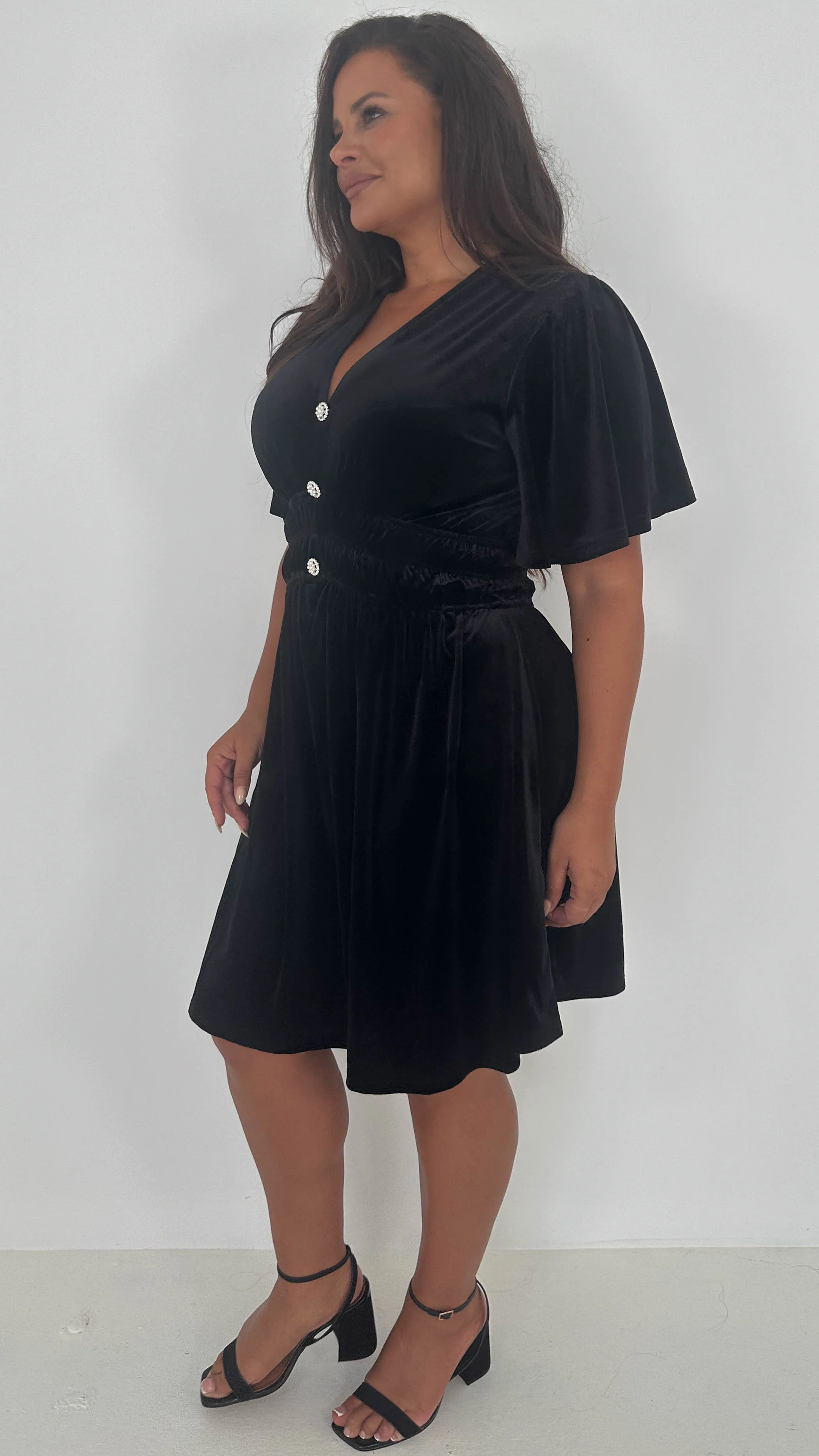 CurveWow Velvet Diamante Button Front Mini Dress Black - Image 10