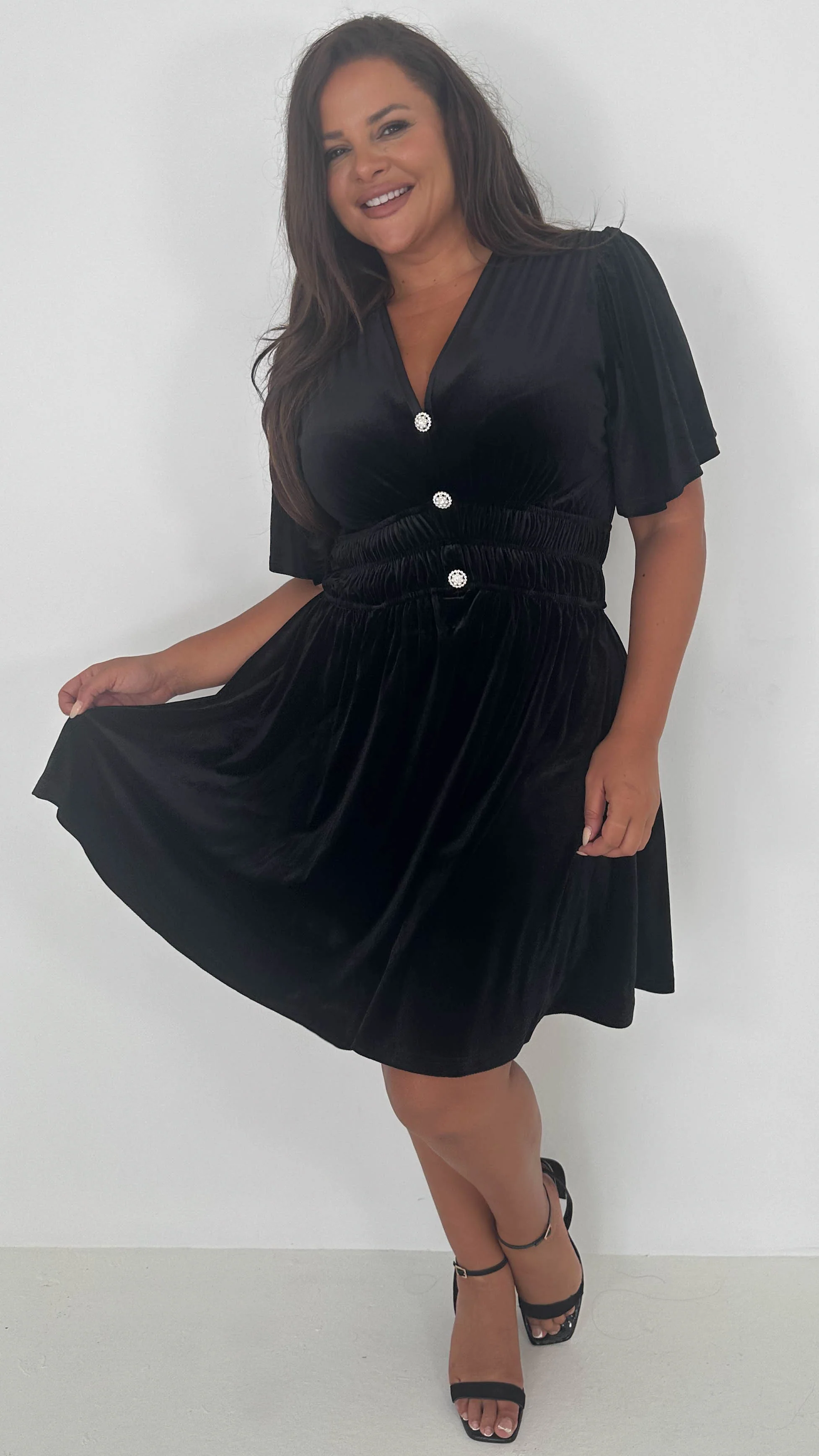 CurveWow Velvet Diamante Button Front Mini Dress Black - Image 11