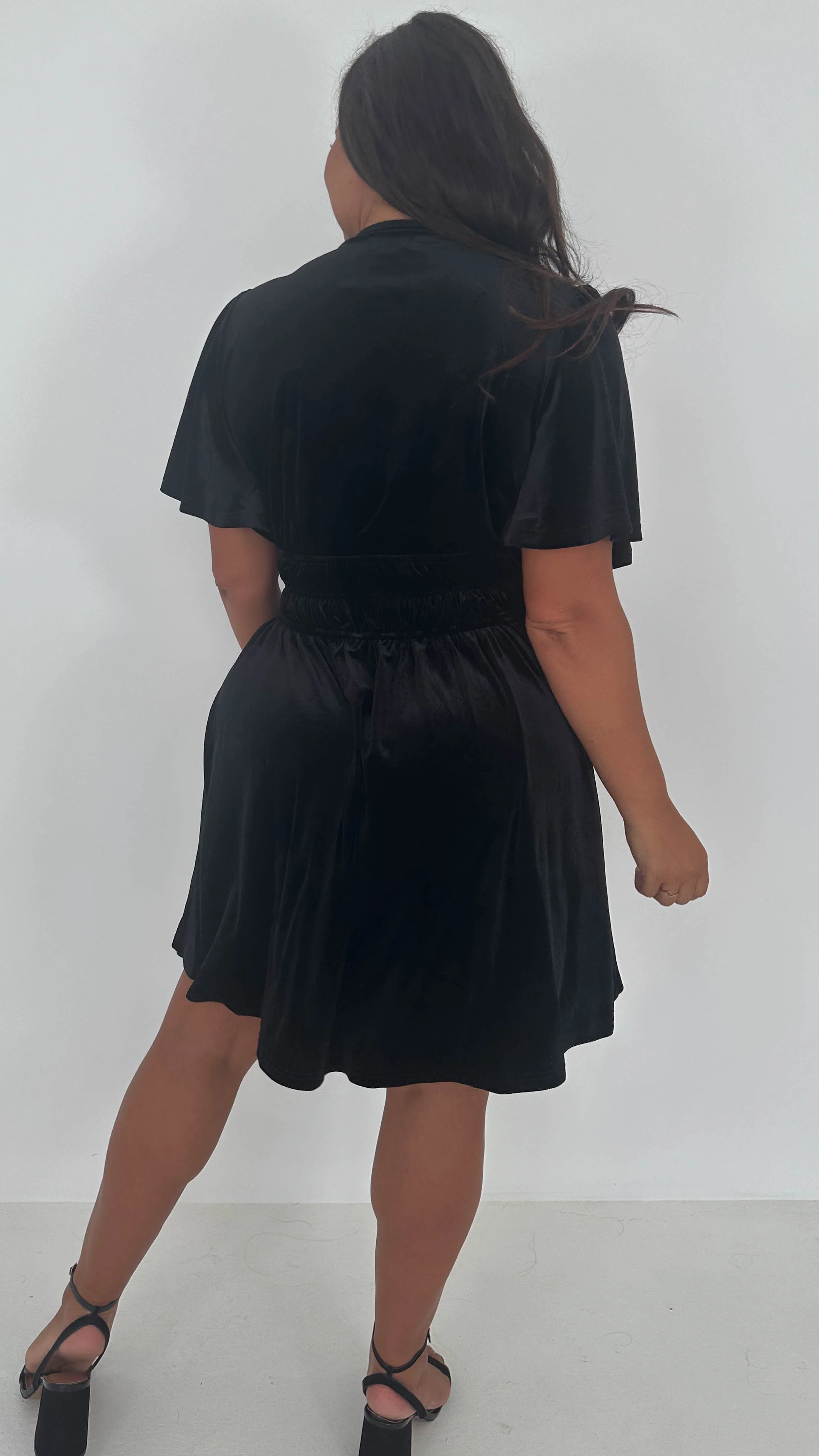 CurveWow Velvet Diamante Button Front Mini Dress Black - Image 12