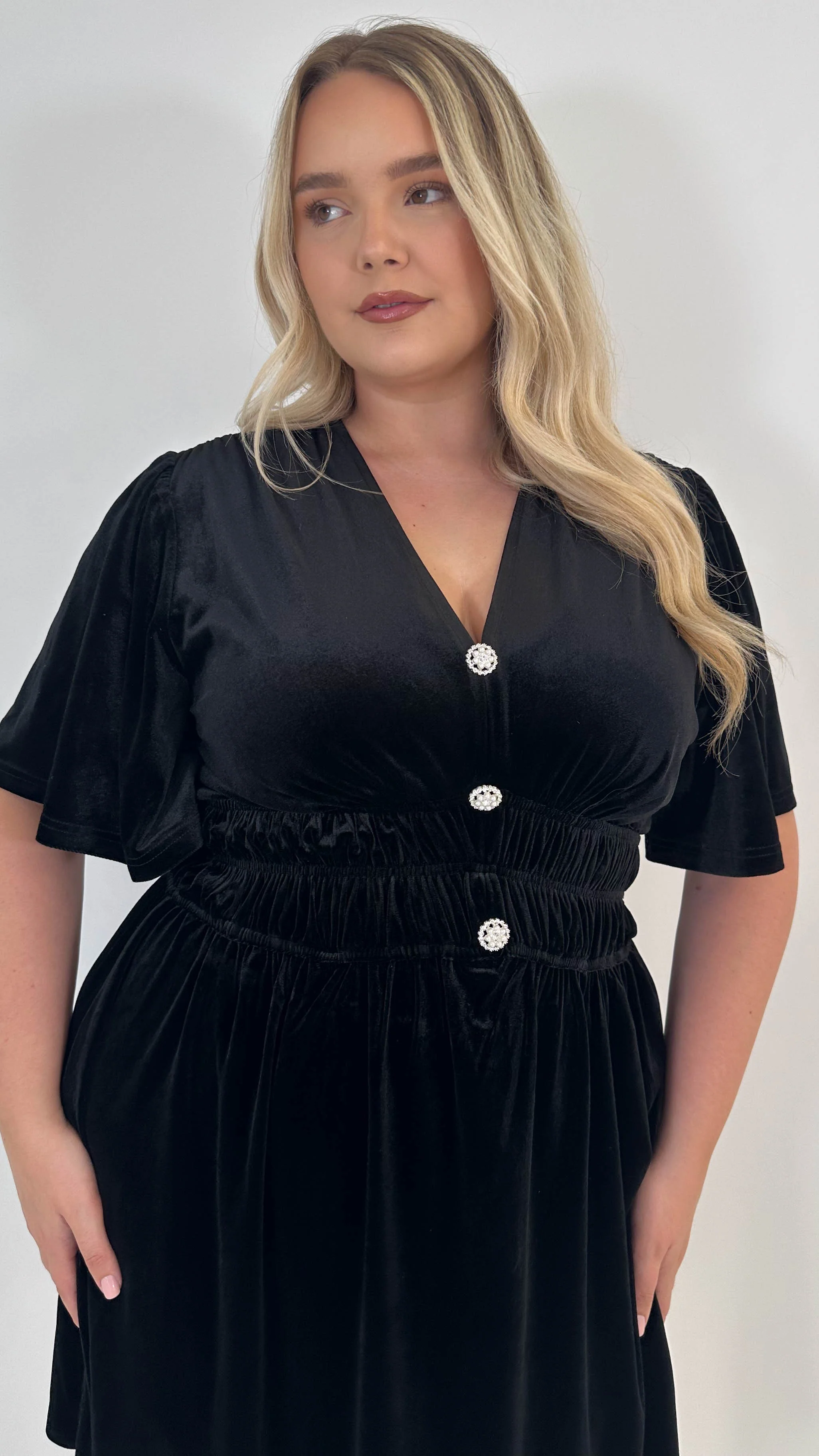 CurveWow Velvet Diamante Button Front Mini Dress Black - Image 2