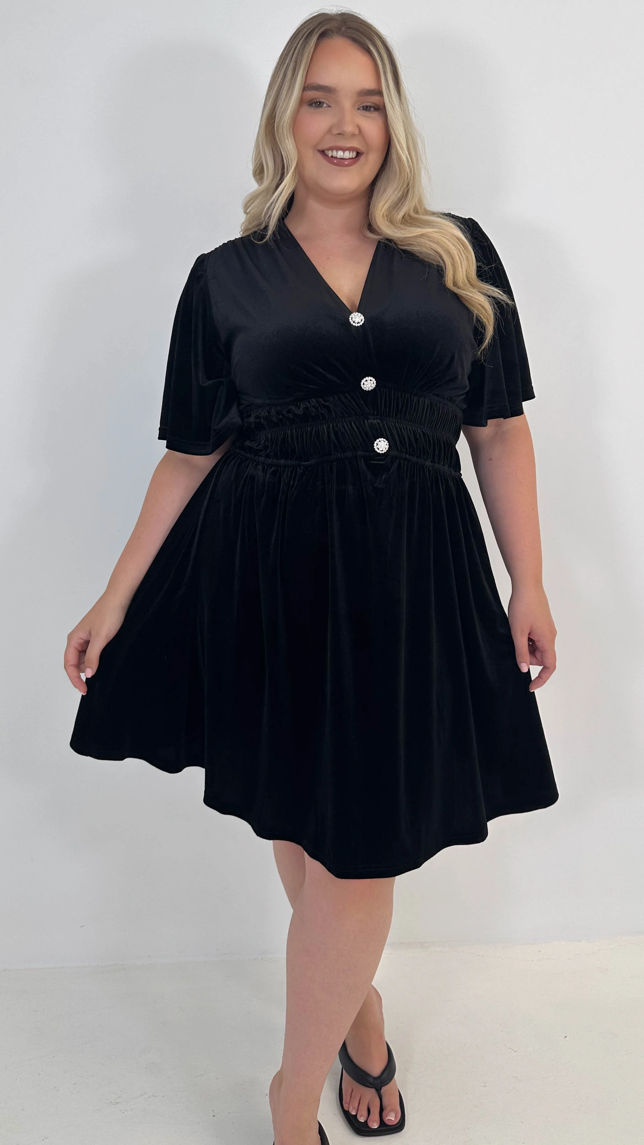 CurveWow Velvet Diamante Button Front Mini Dress Black - Image 3