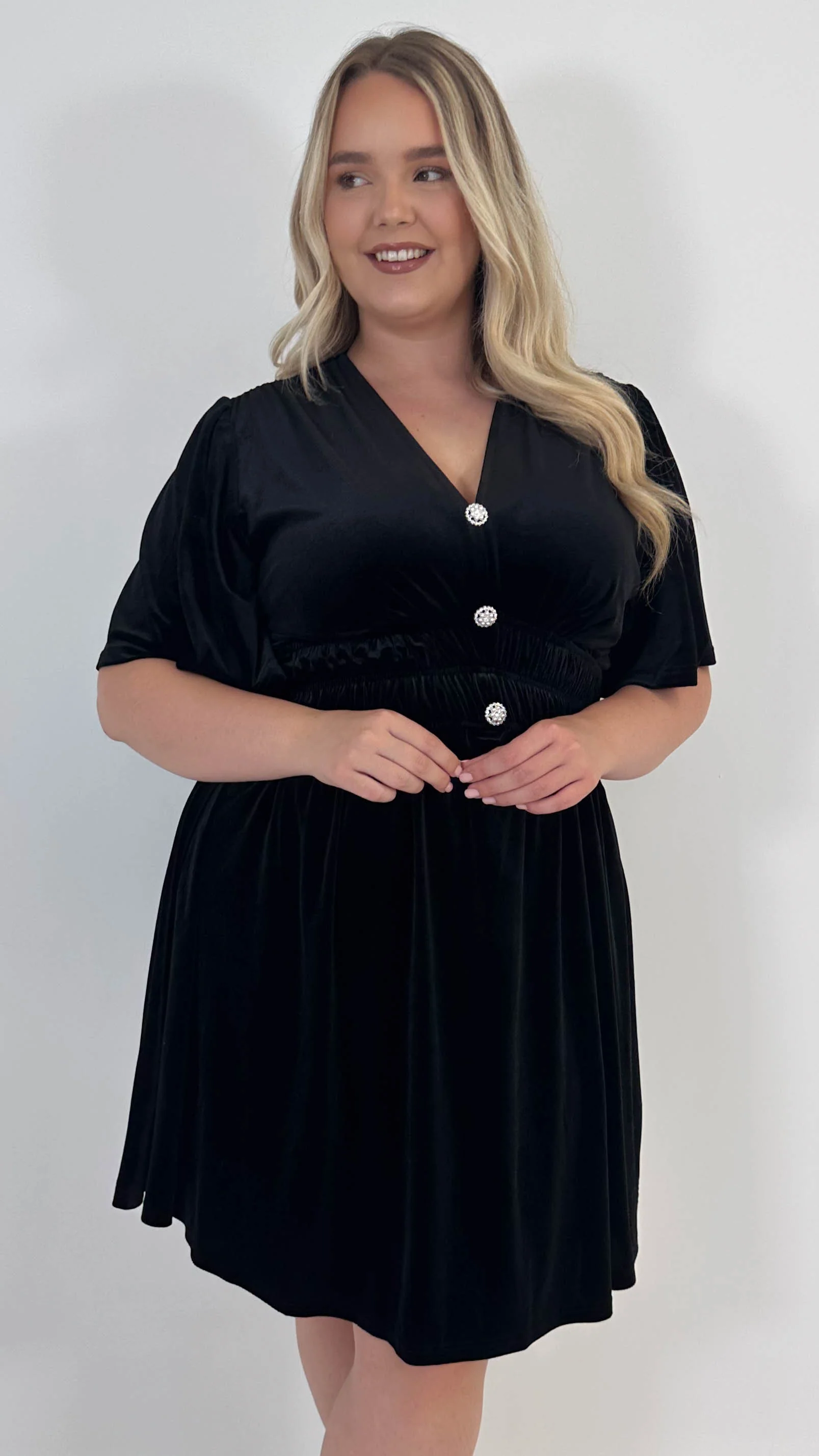 CurveWow Velvet Diamante Button Front Mini Dress Black - Image 4