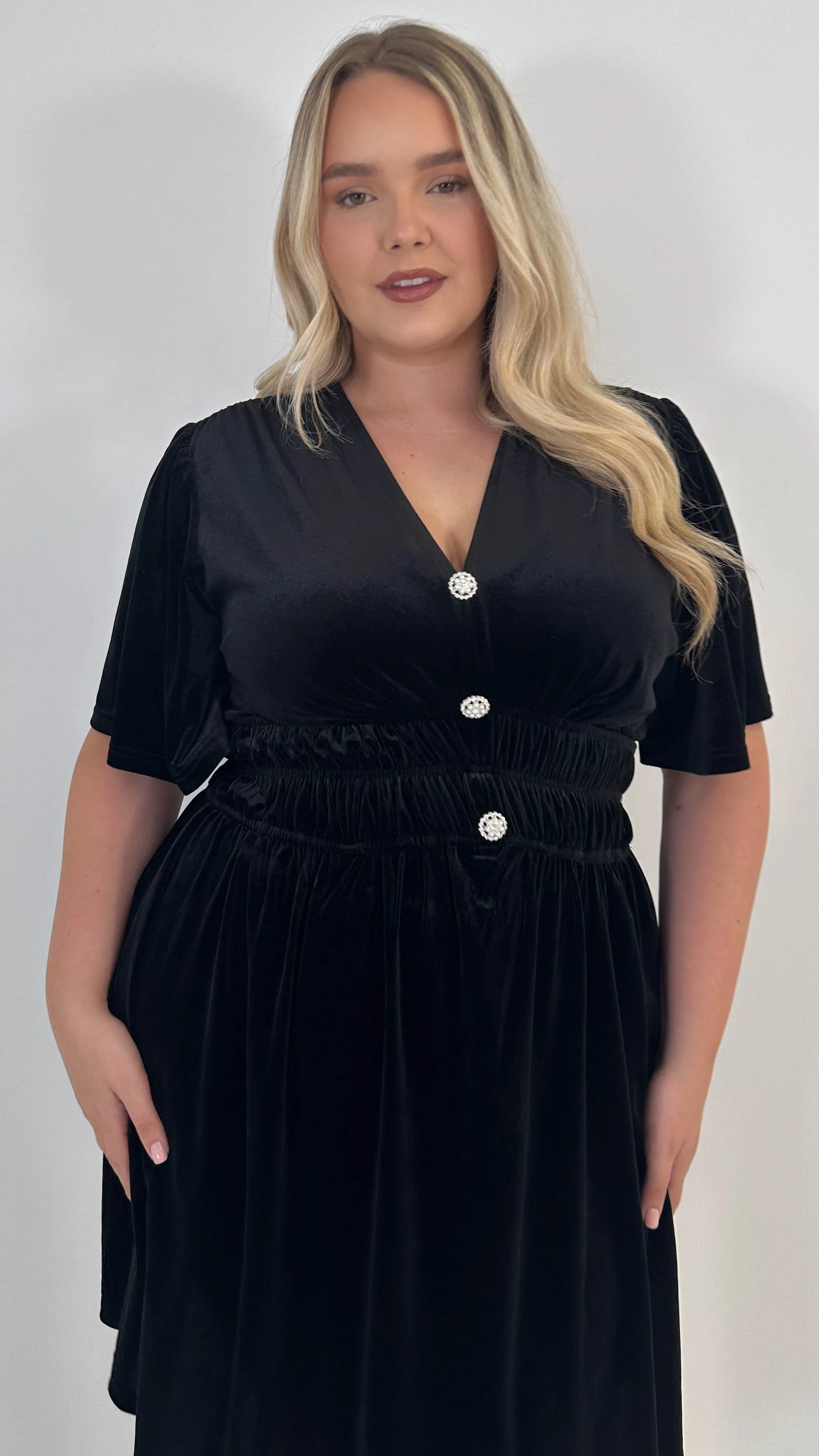 CurveWow Velvet Diamante Button Front Mini Dress Black - Image 5