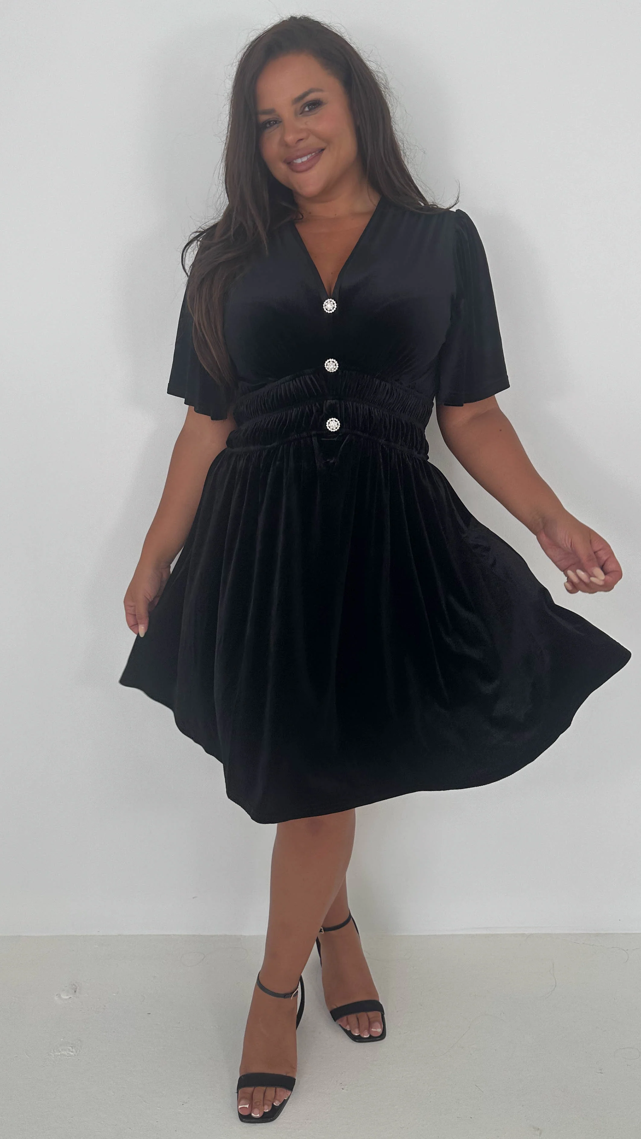 CurveWow Velvet Diamante Button Front Mini Dress Black - Image 6