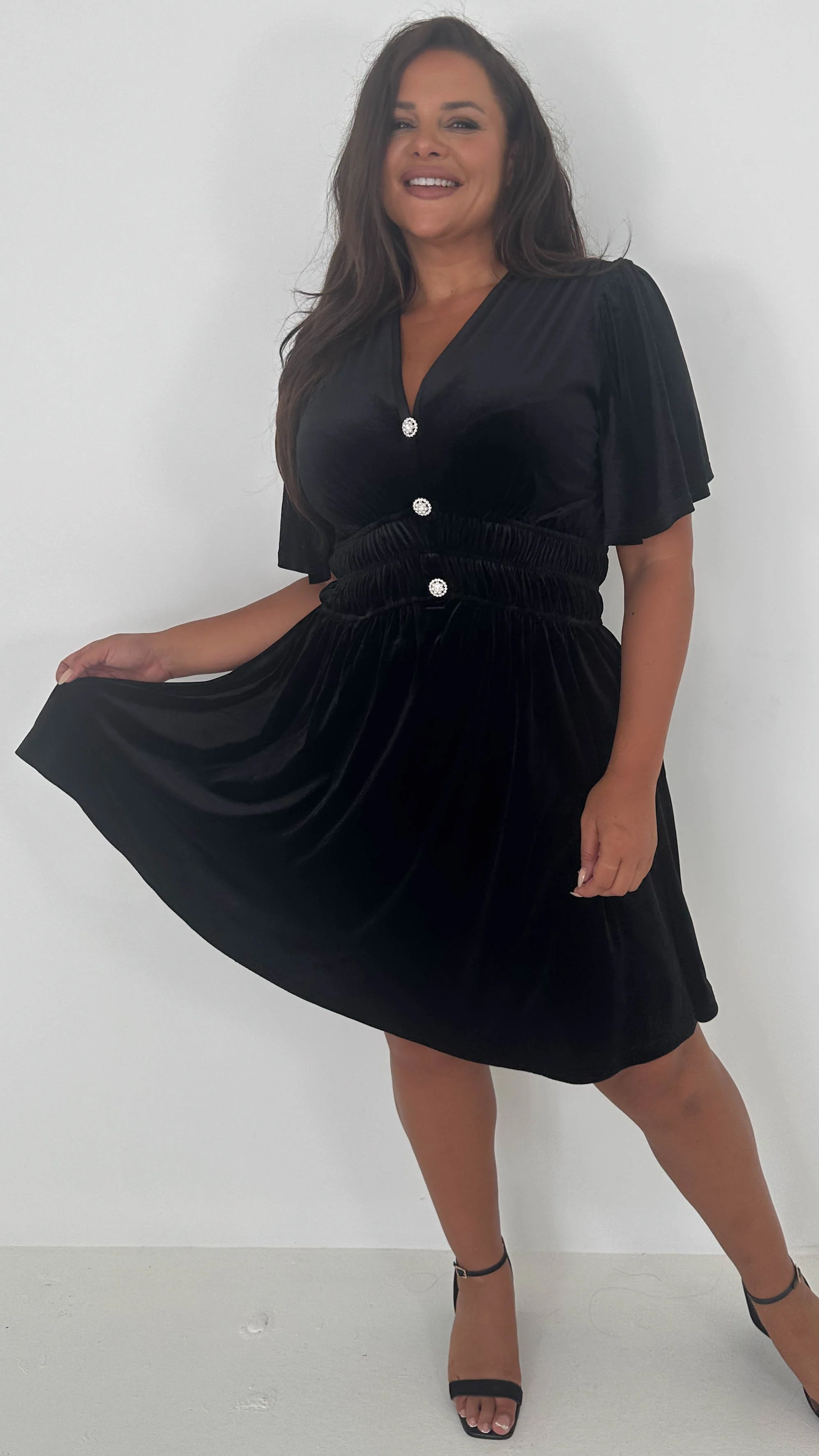 CurveWow Velvet Diamante Button Front Mini Dress Black - Image 7