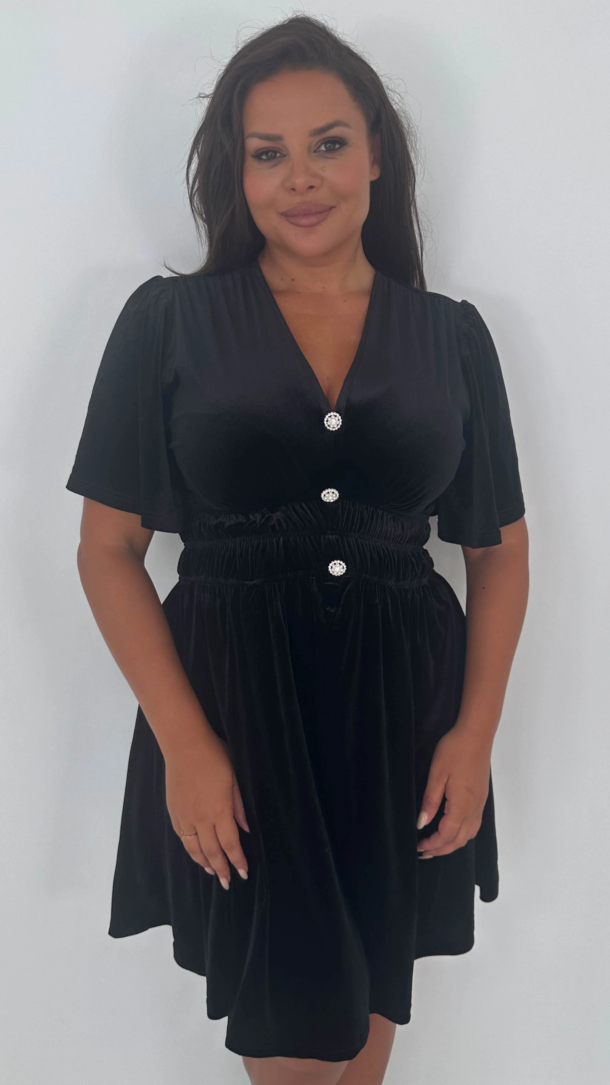 CurveWow Velvet Diamante Button Front Mini Dress Black - Image 8