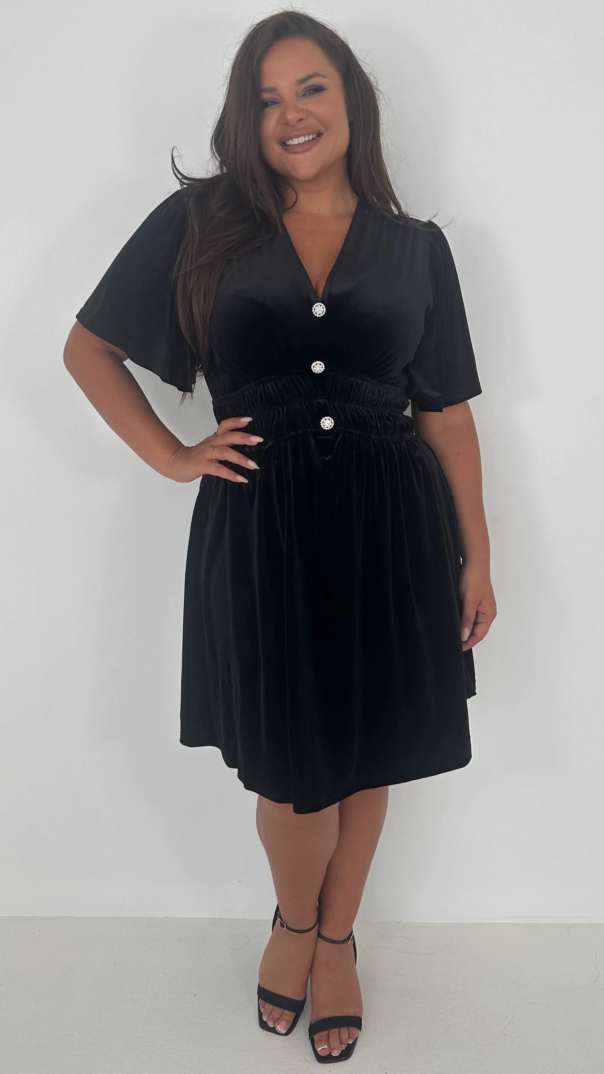 CurveWow Velvet Diamante Button Front Mini Dress Black - Image 9