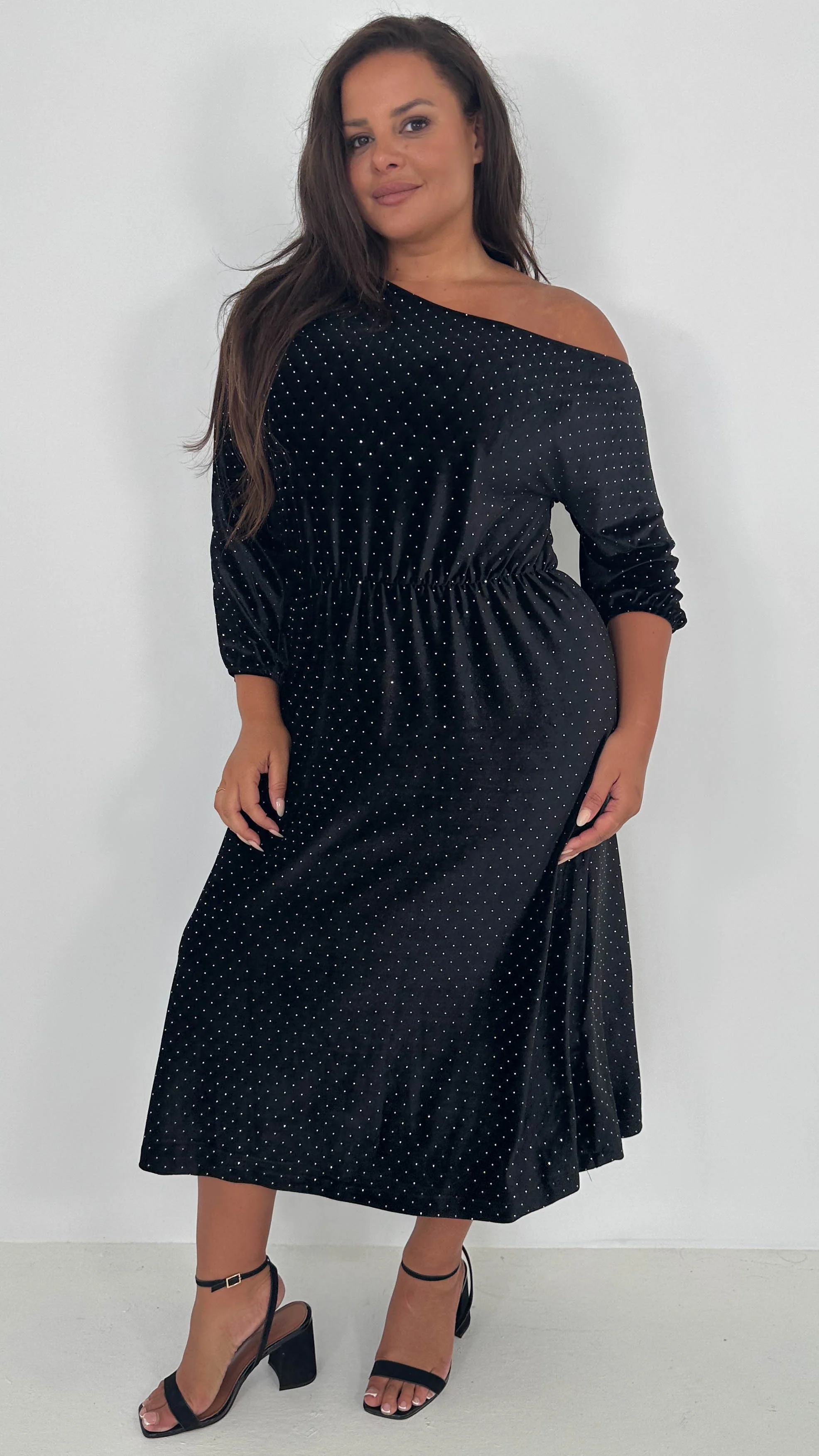 CurveWow Velvet Off The Shoulder Midi Dress Black - Image 7