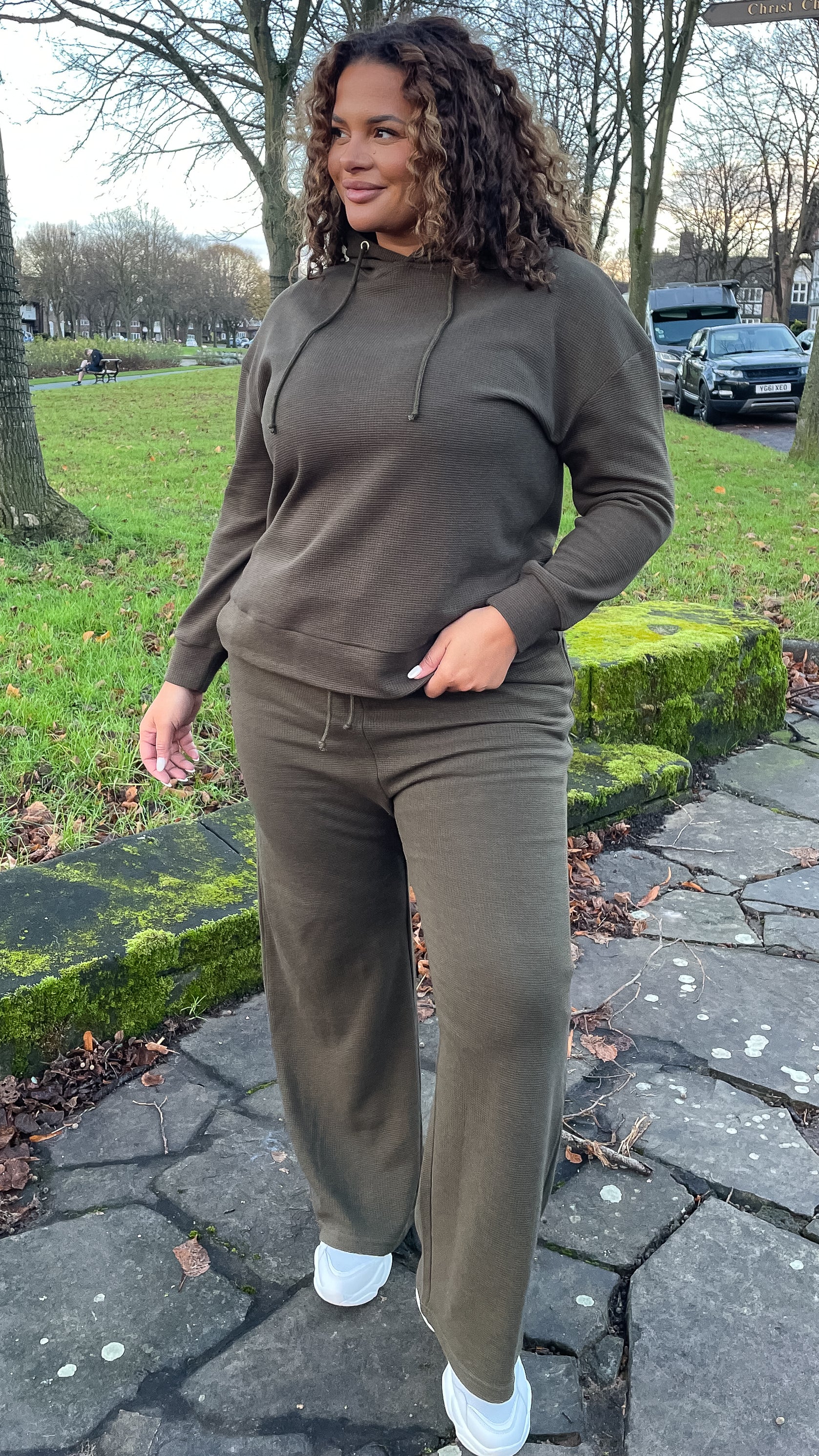 CurveWow Waffle Loungewear Hoodie Khaki - Image 4