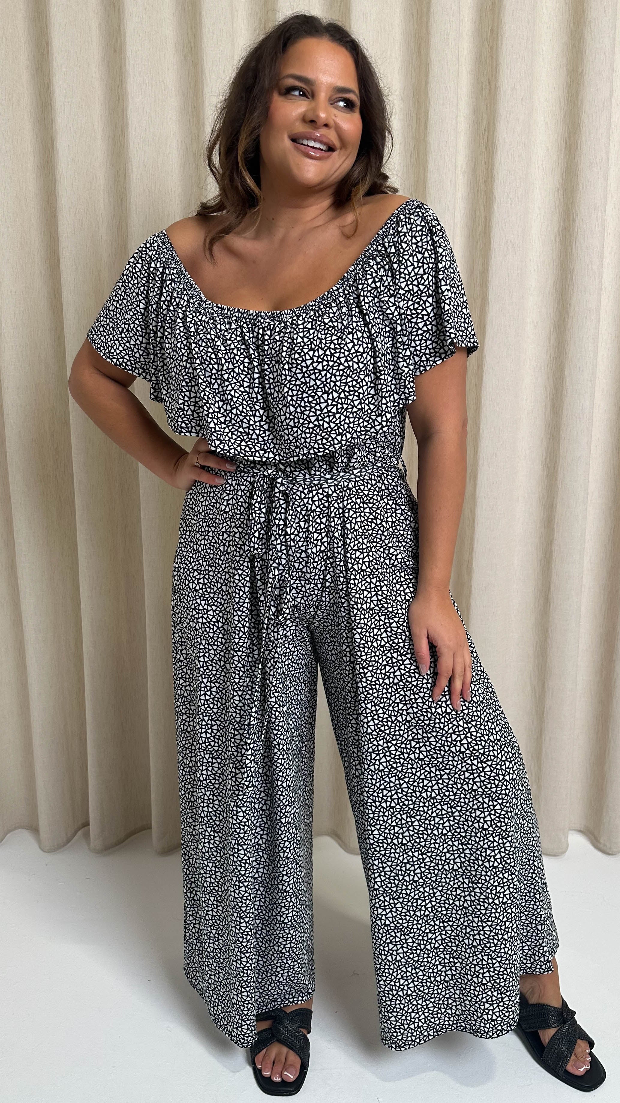 CurveWow Wide Leg Self Tie Frill Bardot Jumpsuit Geo Mono - Image 4