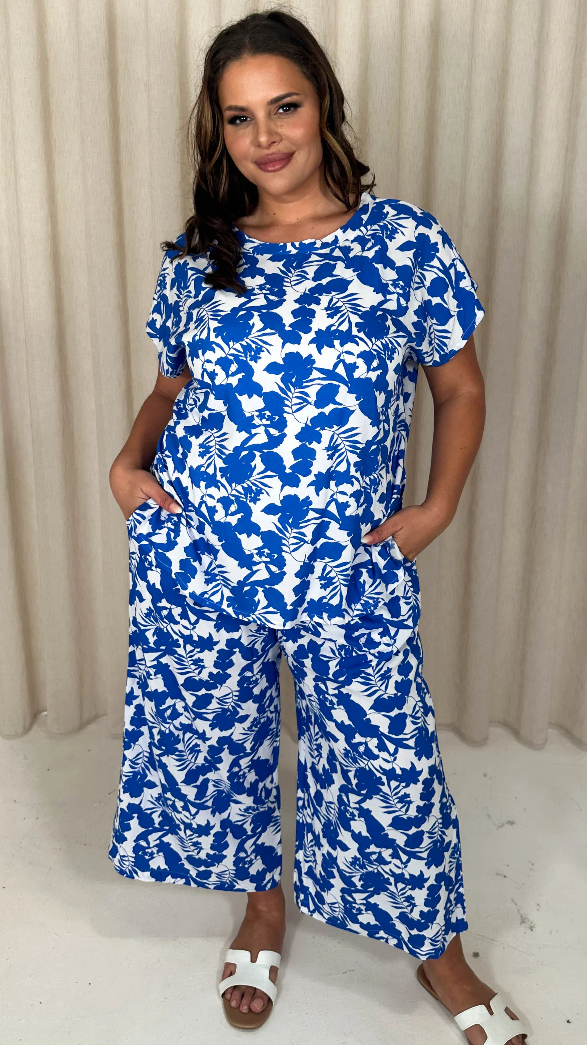 CurveWow Woven Wide Leg Culottes Blue Floral - Image 2