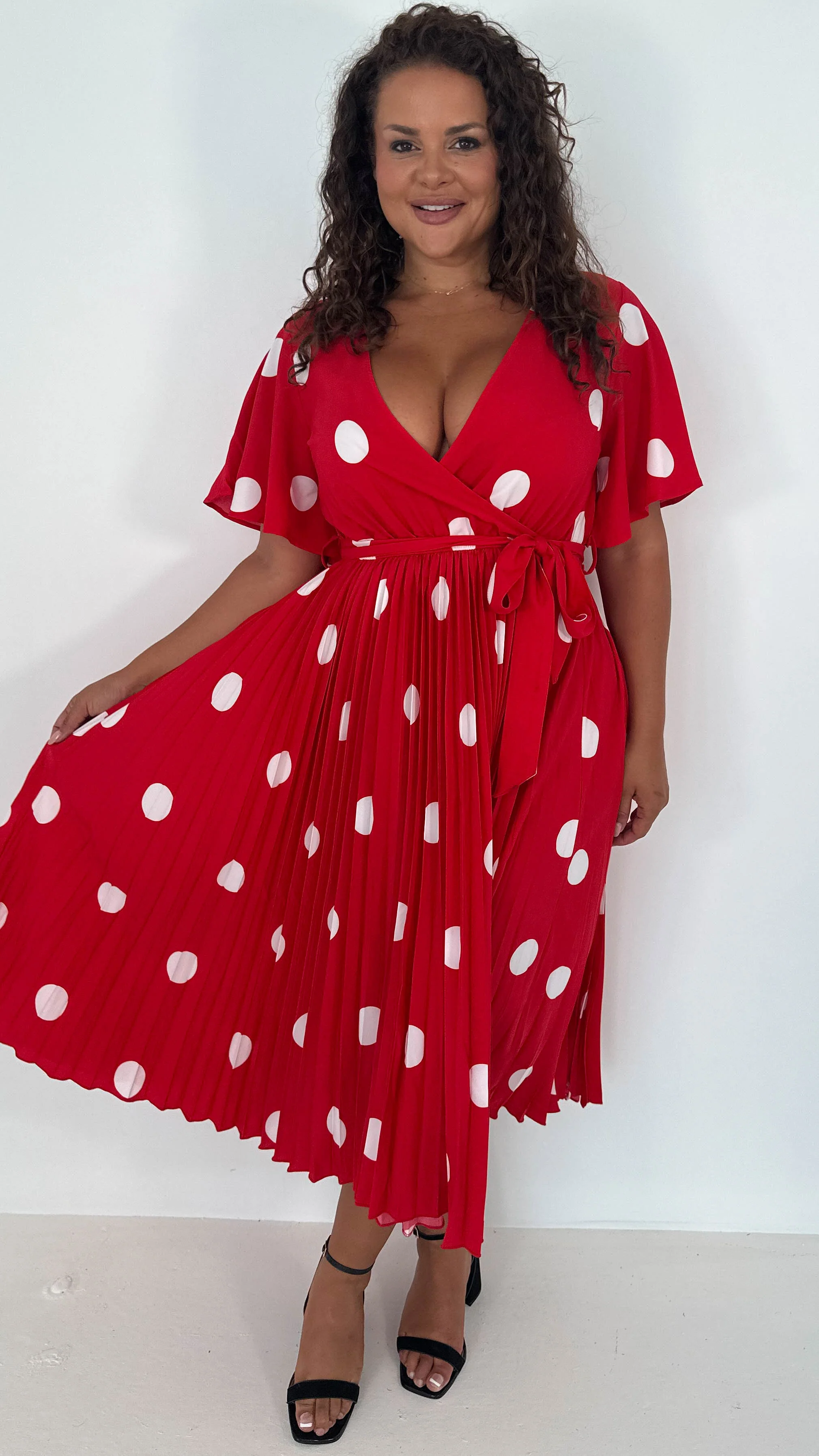 CurveWow Wrap Angel Sleeve Pleated Midi Dress Red Polka Dots - Image 5