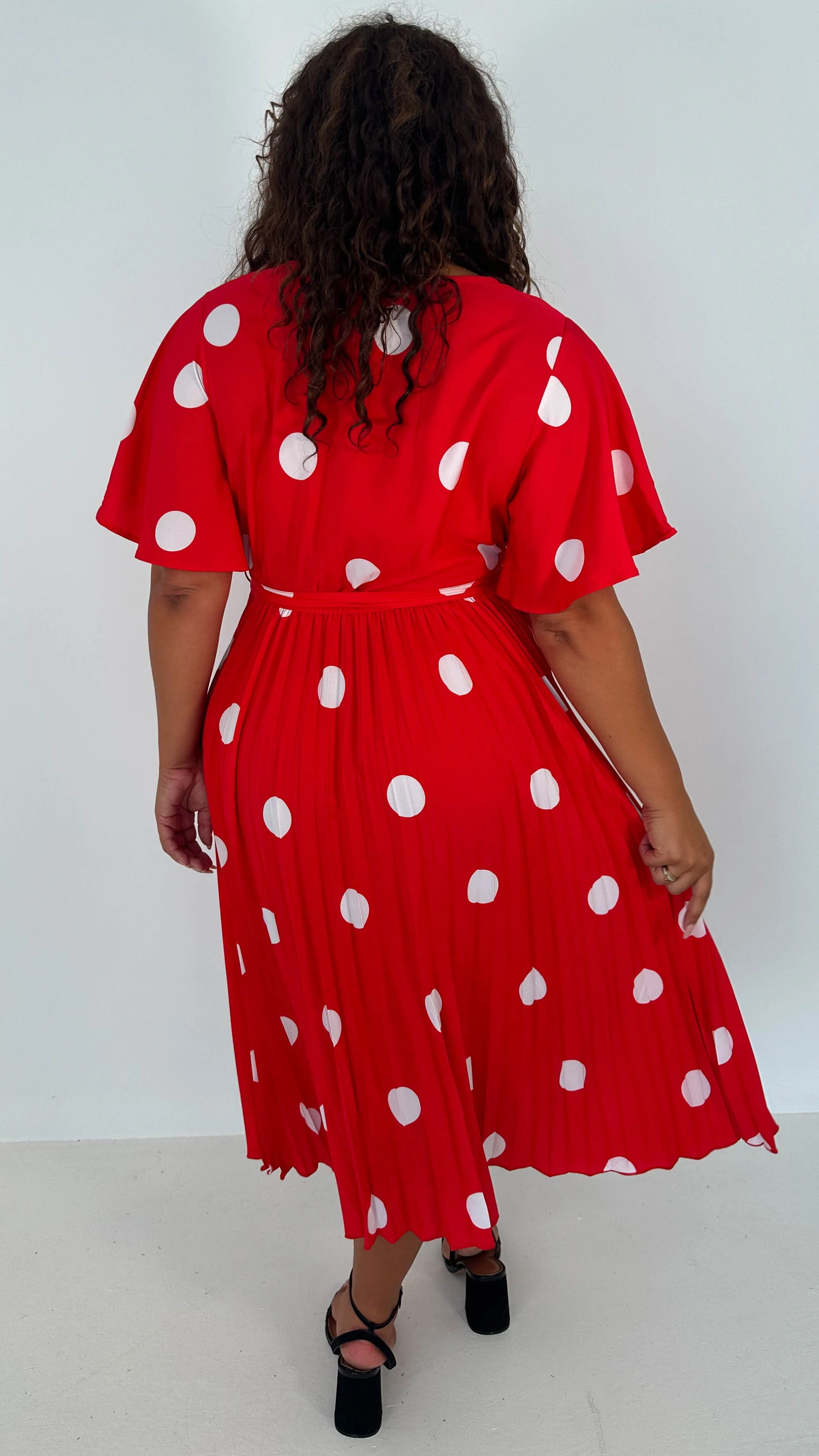 CurveWow Wrap Angel Sleeve Pleated Midi Dress Red Polka Dots - Image 6