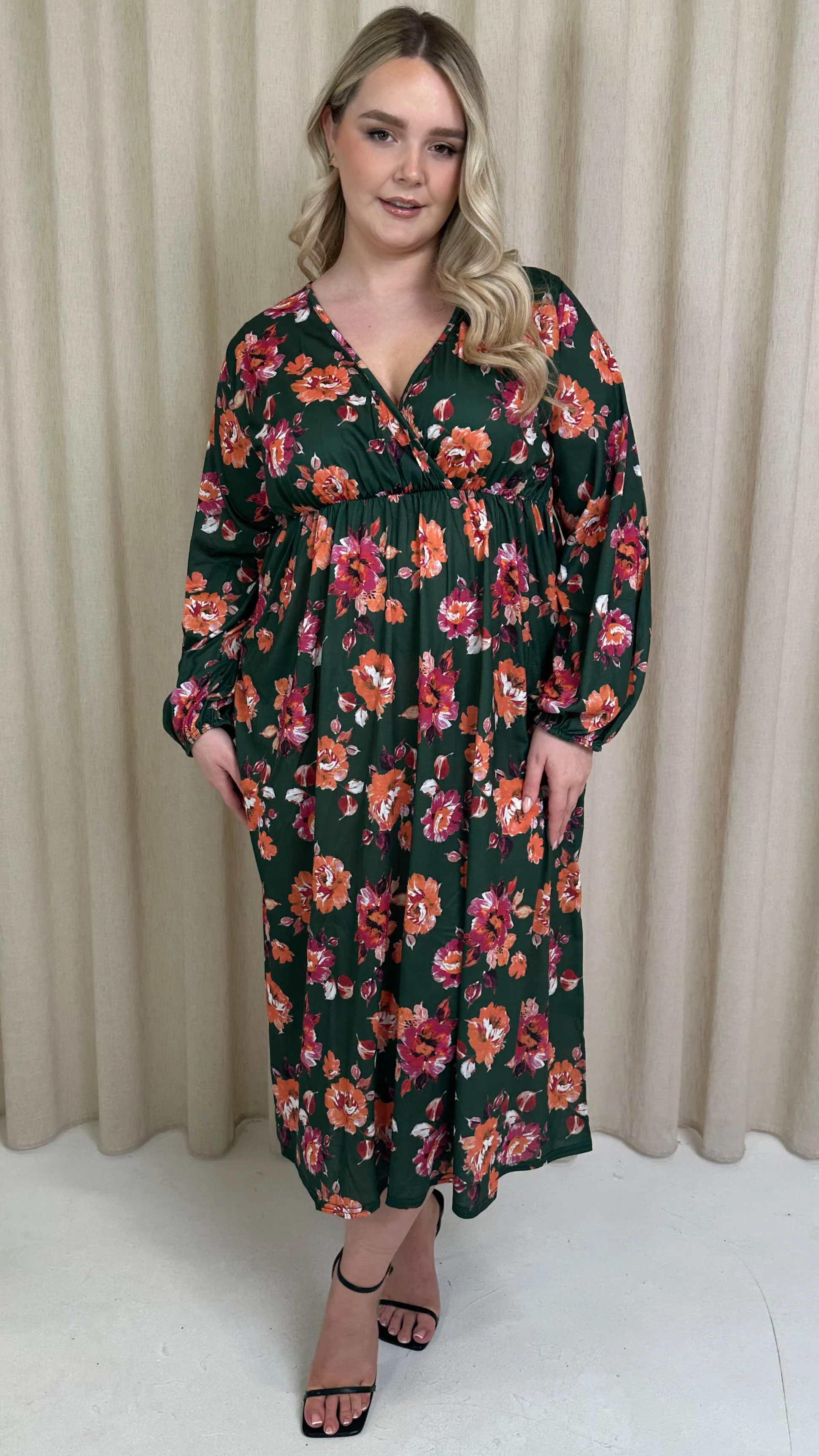 CurveWow Wrap Balloon Sleeve Midaxi Dress Green - Image 5