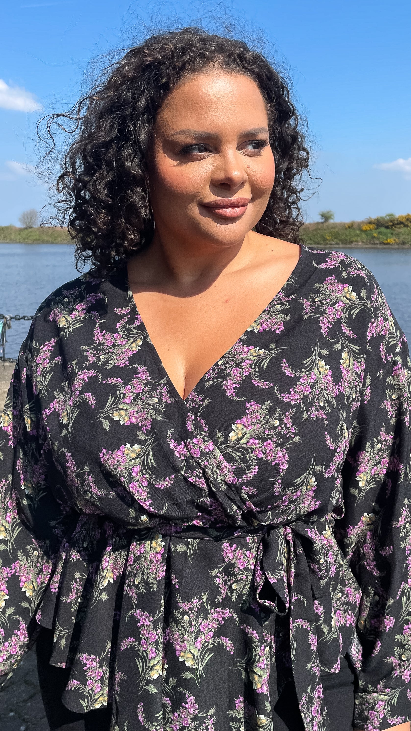 CurveWow Wrap Blouse Black Floral - Image 6