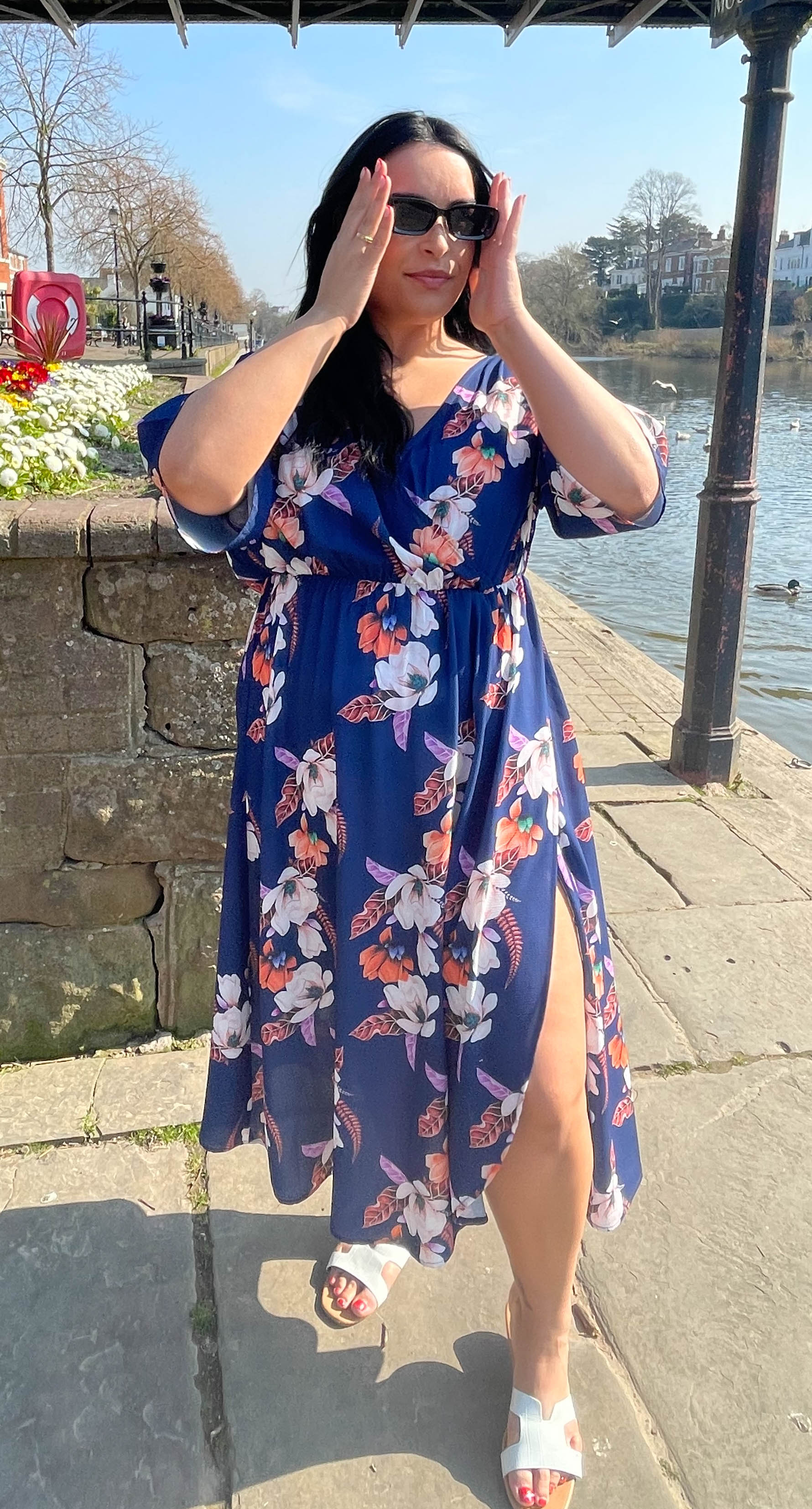 CurveWow Navy Floral Midi Wrap Dress - Image 3