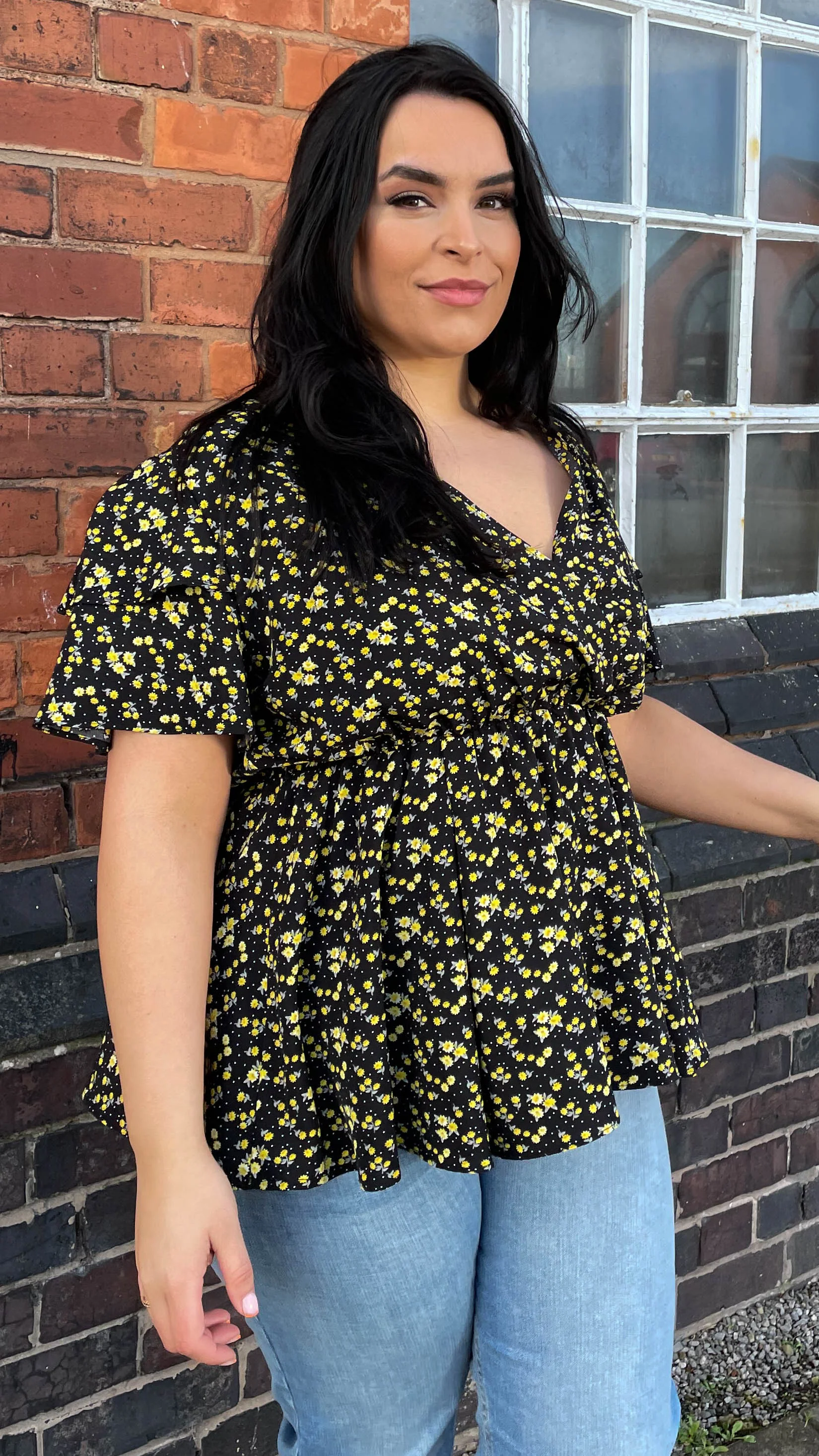 CurveWow Wrap Frill Sleeve Floral Top Black & Yellow - Image 5