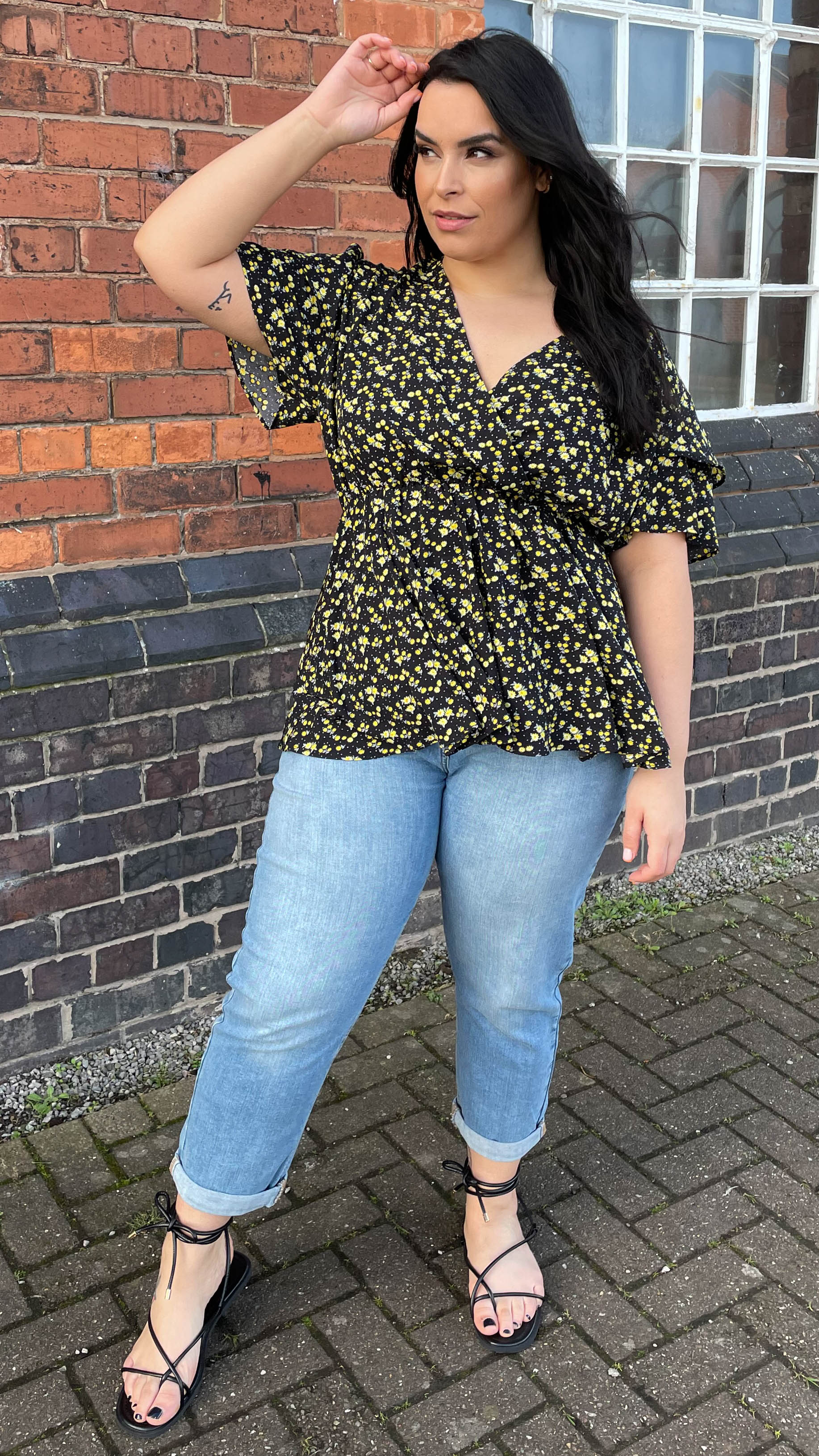 CurveWow Wrap Frill Sleeve Floral Top Black & Yellow - Image 6