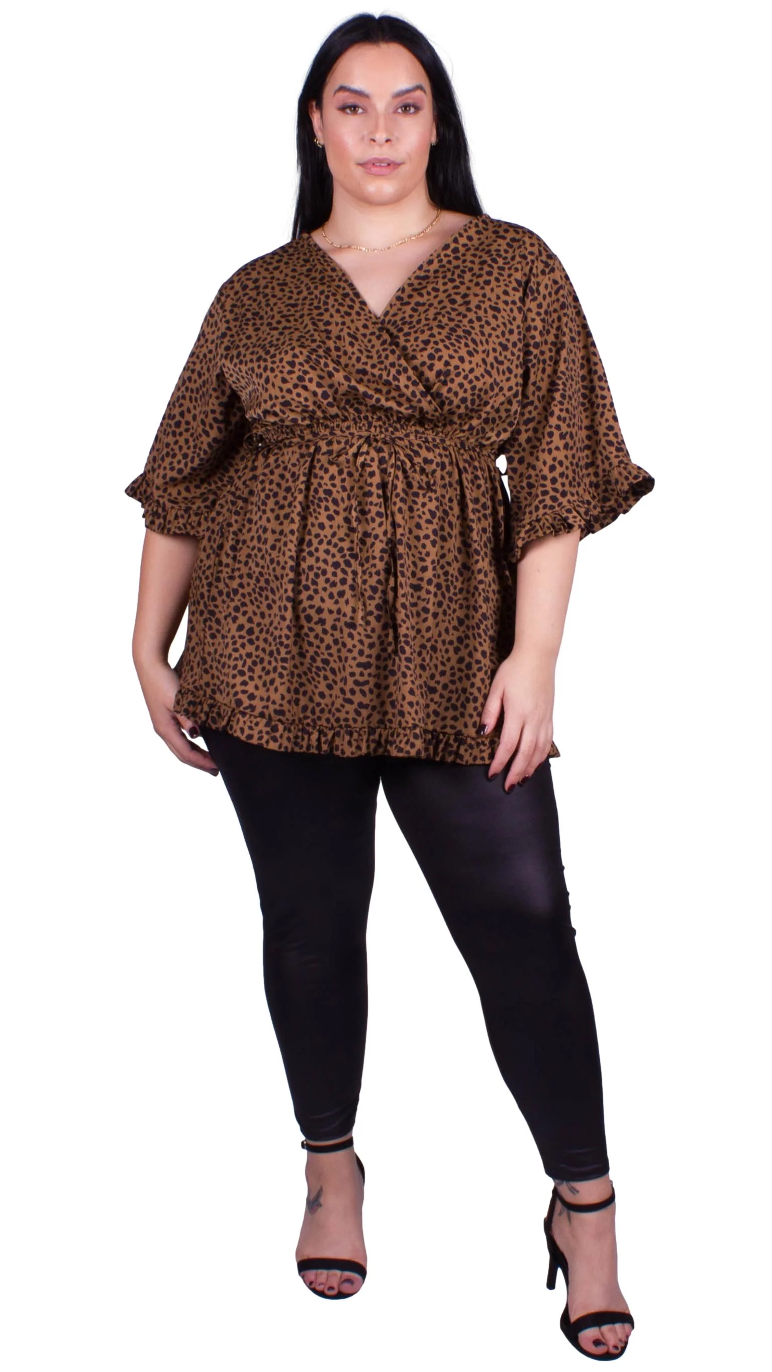 CurveWow Wrap Frill Sleeve Tunic Camel Spot - Image 2
