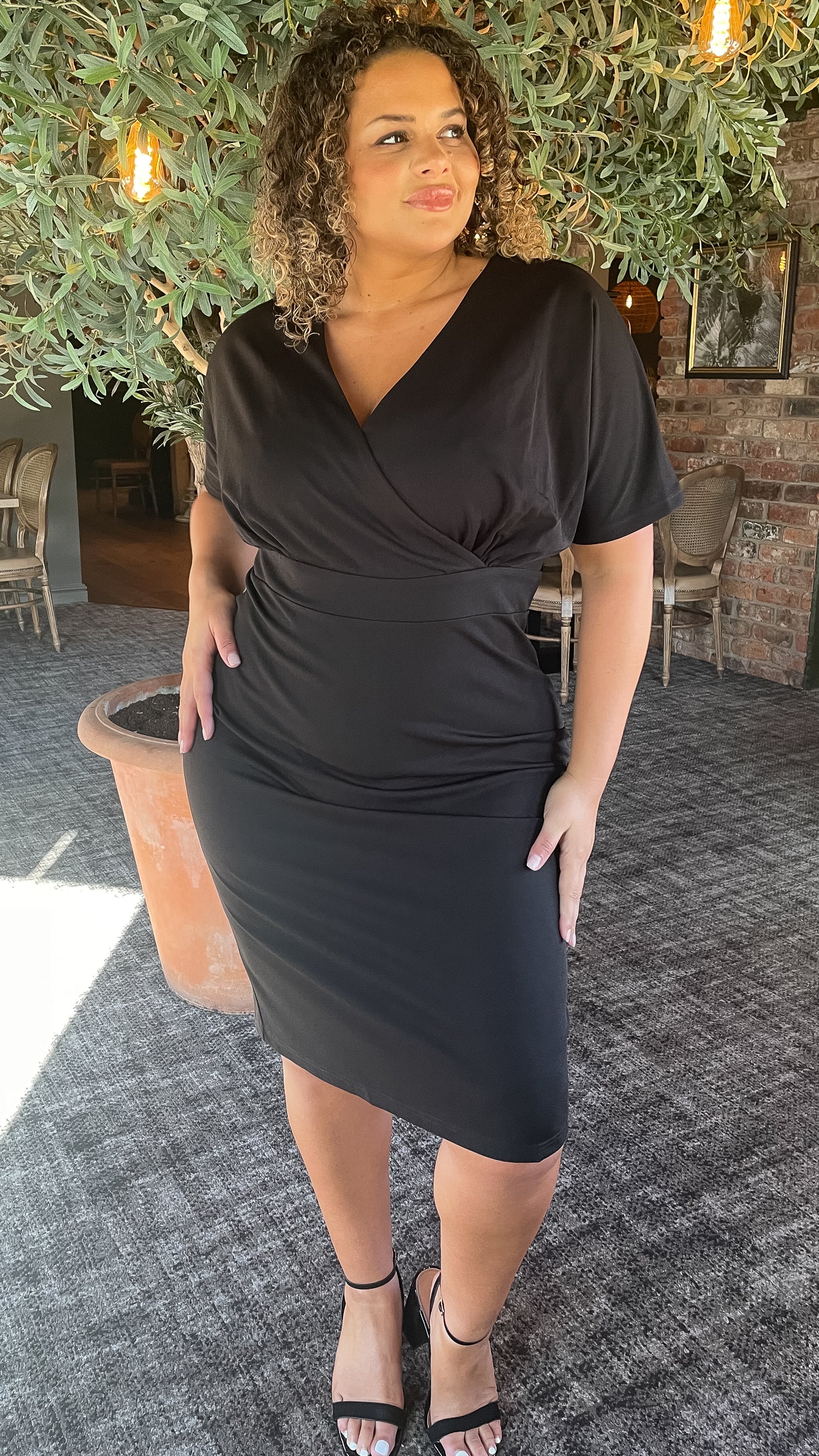 CurveWow Wrap Front Midi Dress Black - Image 4