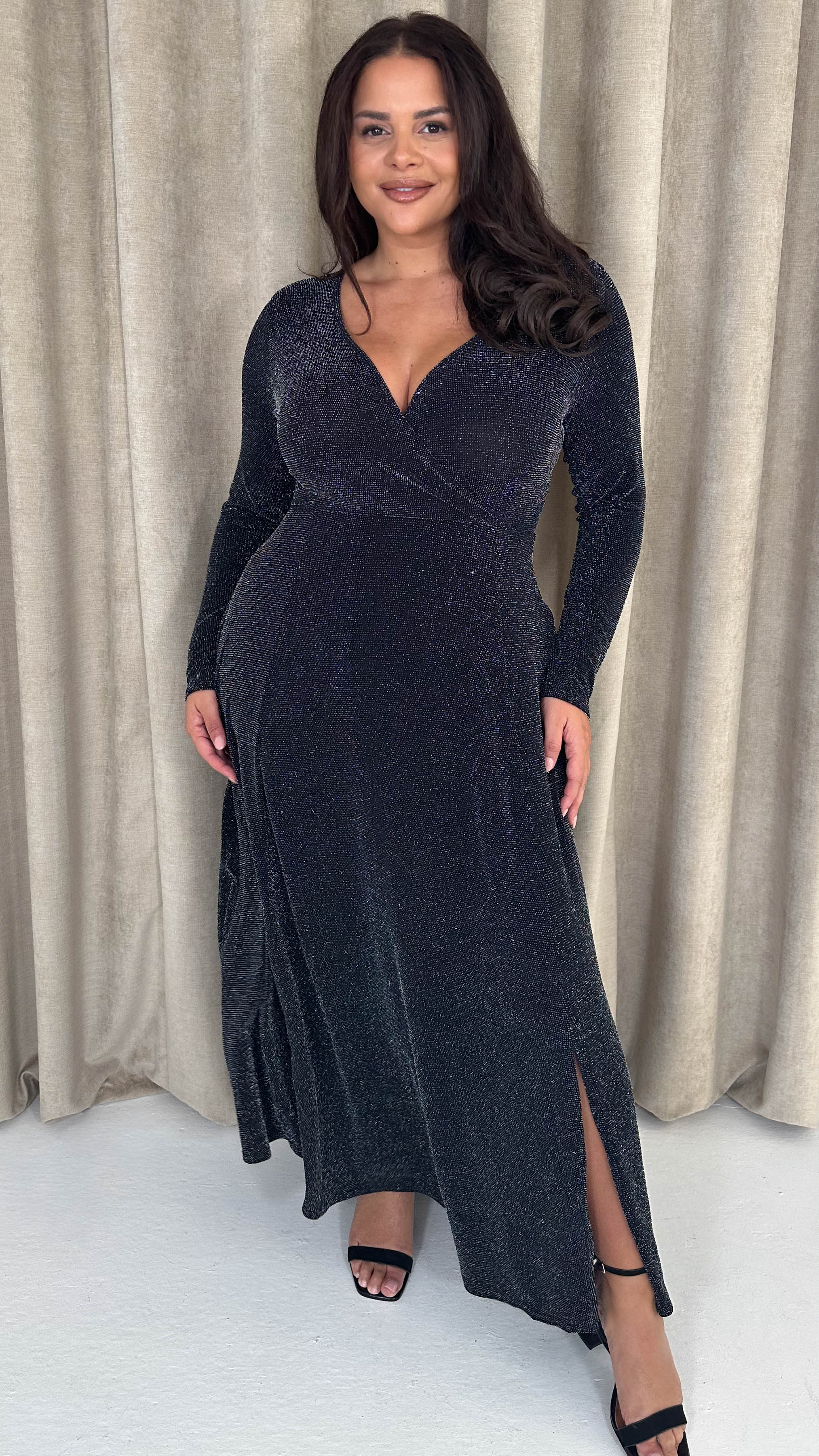 CurveWow Wrap Maxi Dress Black & Silver Sparkle - Image 3