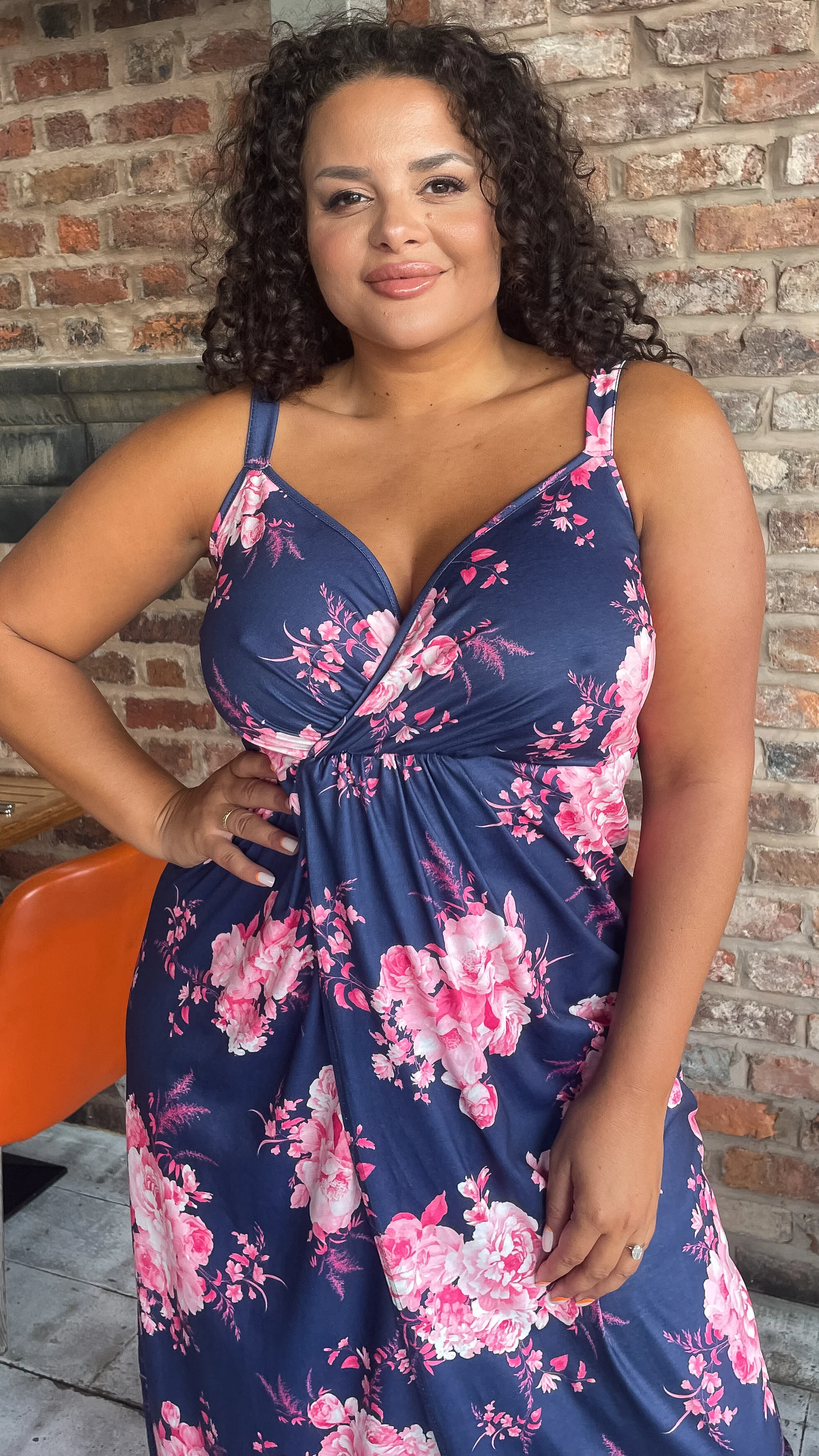 CurveWow Wrap Maxi Dress Navy Pink Floral - Image 2