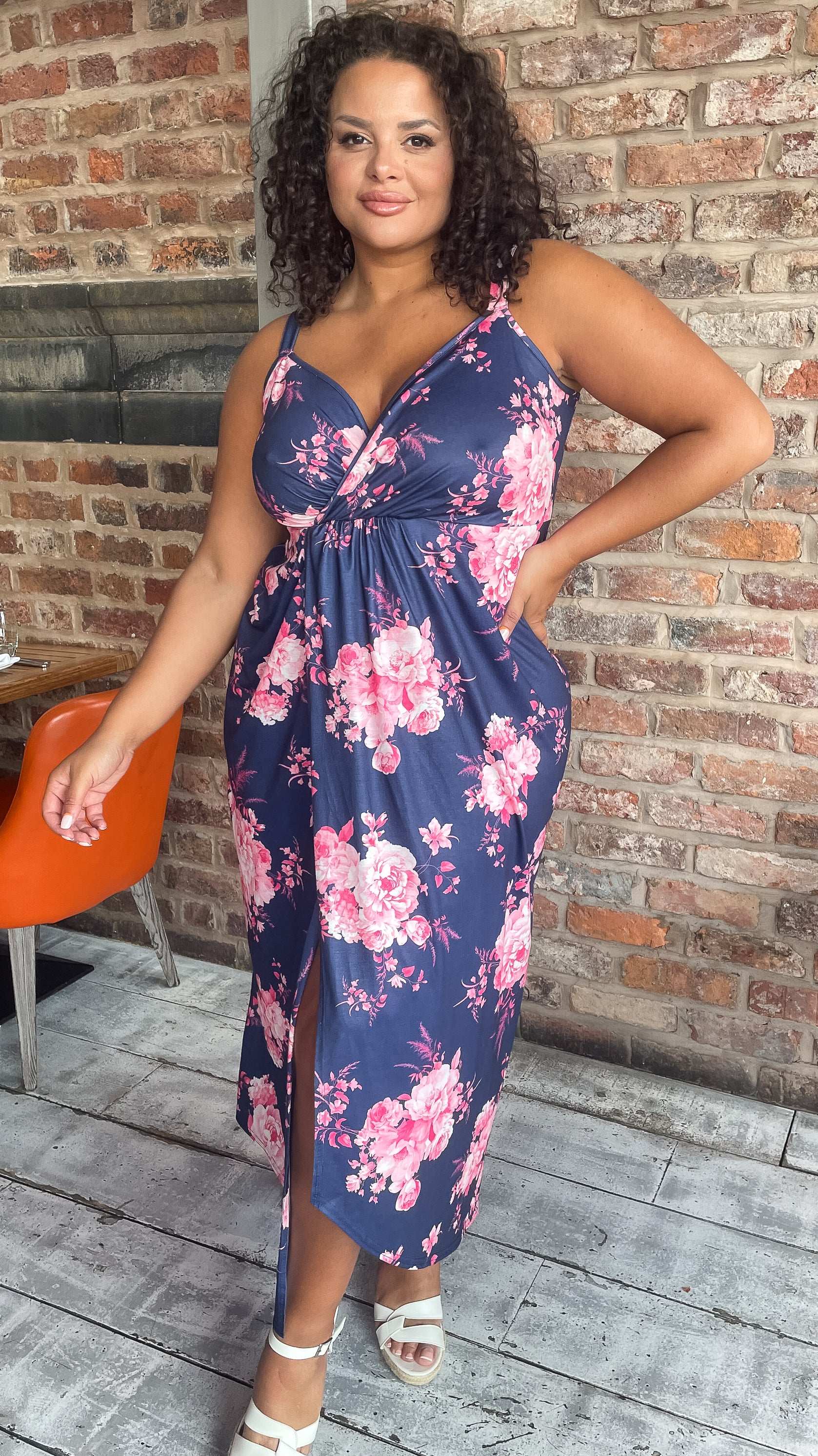 CurveWow Wrap Maxi Dress Navy Pink Floral - Image 3
