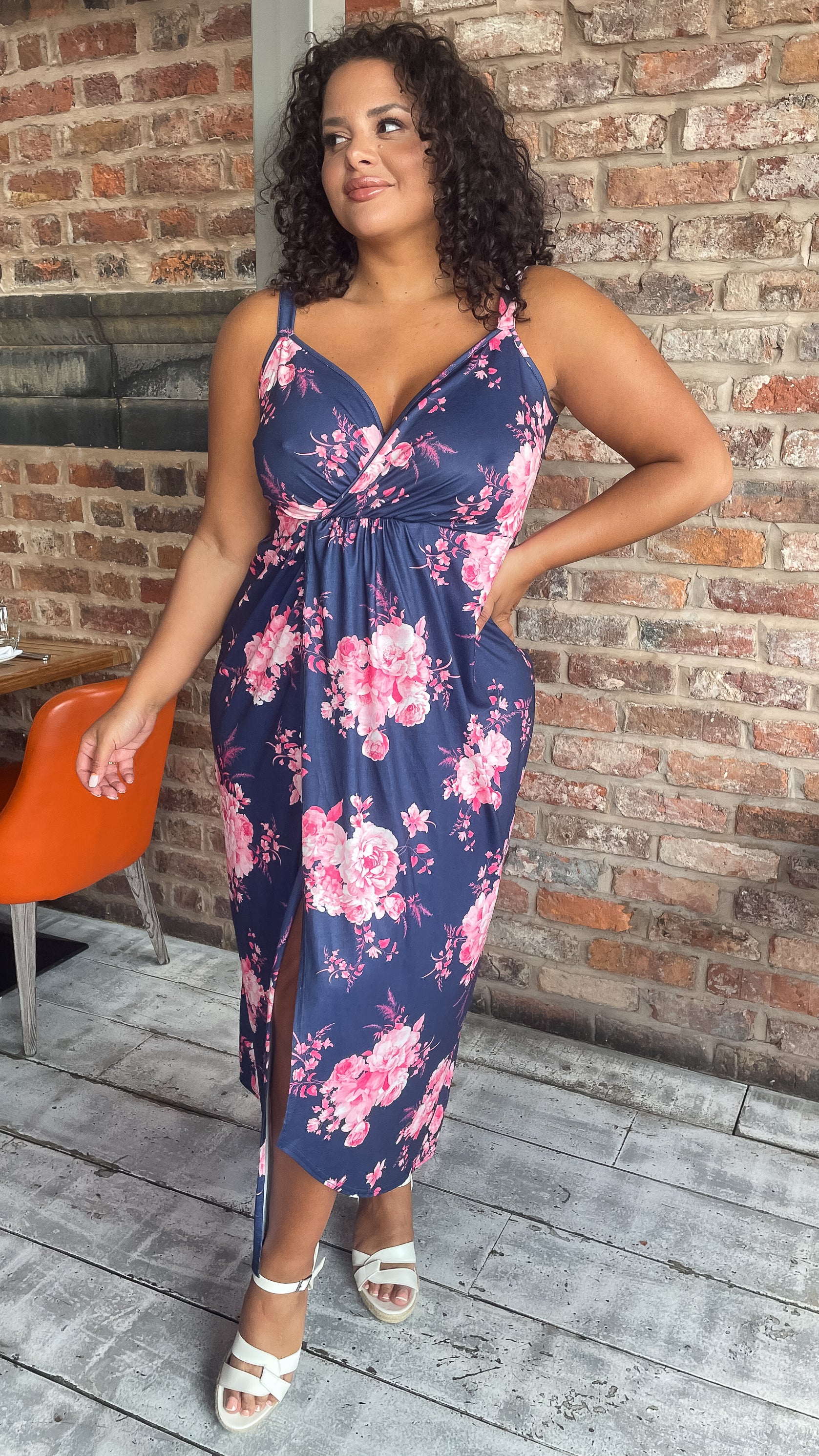 CurveWow Wrap Maxi Dress Navy Pink Floral - Image 4
