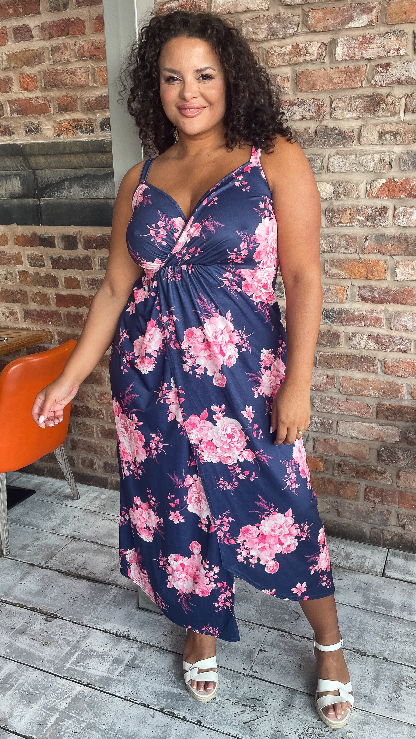 CurveWow Wrap Maxi Dress Navy Pink Floral - Image 6