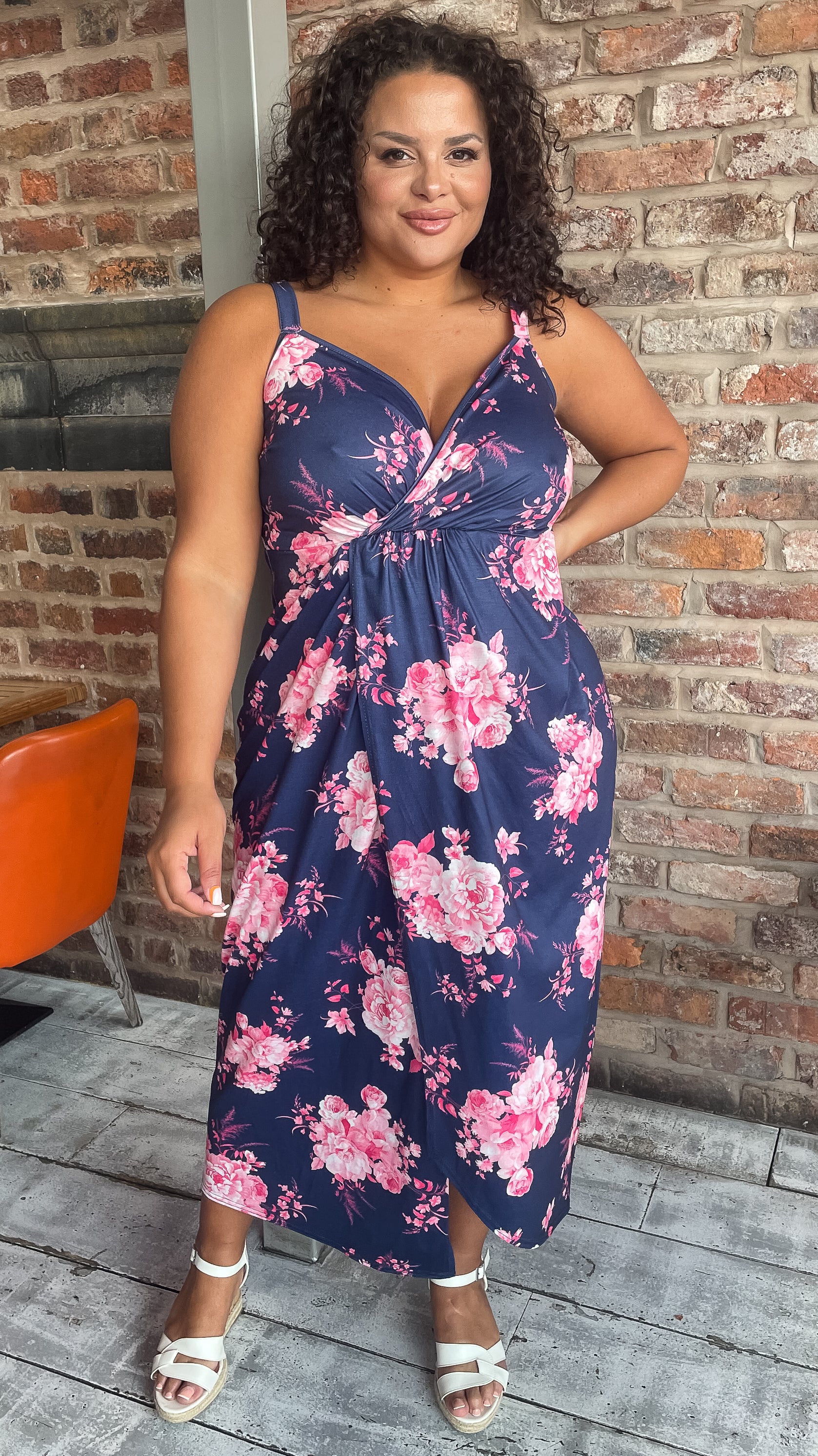 CurveWow Wrap Maxi Dress Navy Pink Floral - Image 7
