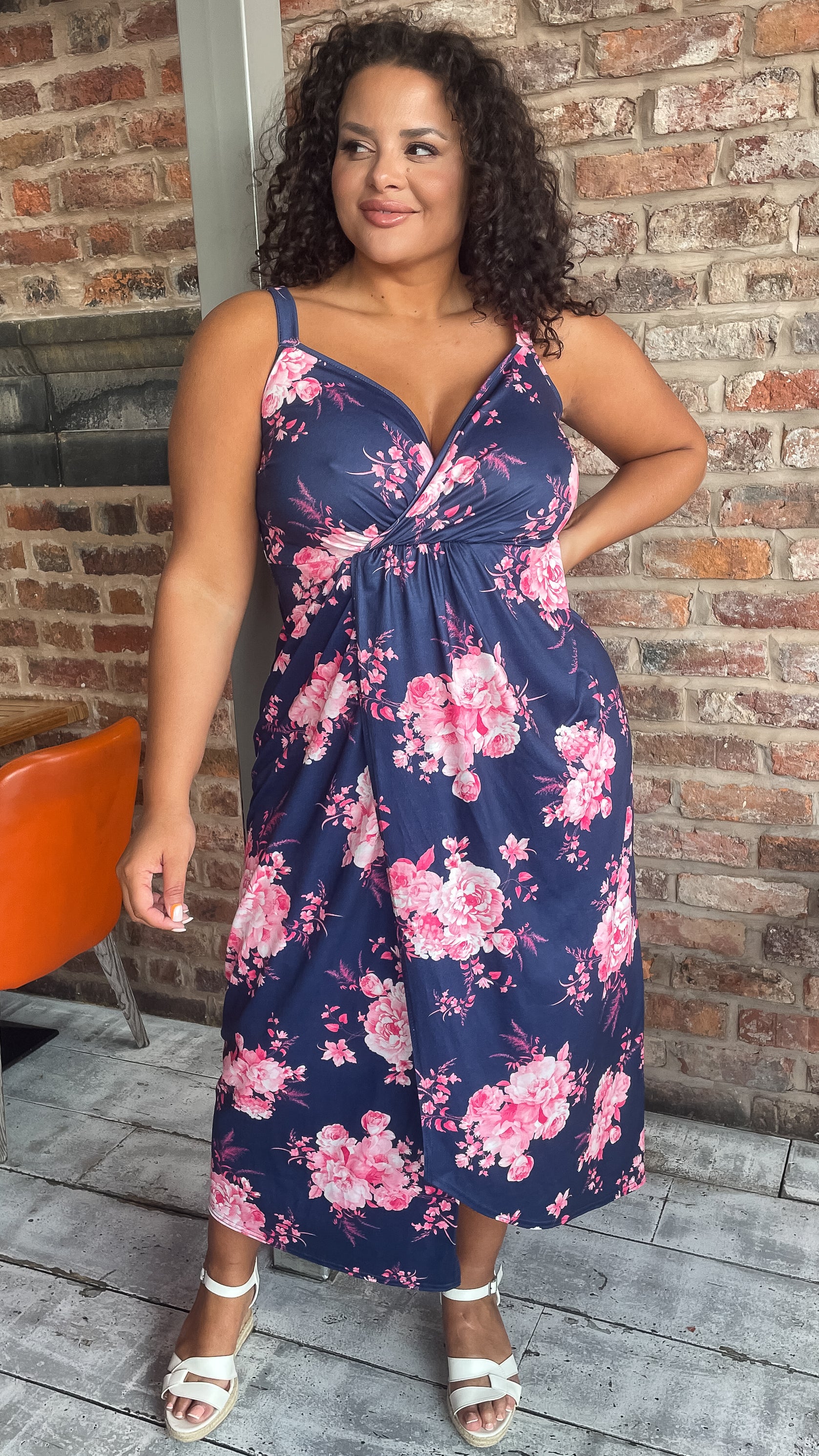 CurveWow Wrap Maxi Dress Navy Pink Floral - Image 8