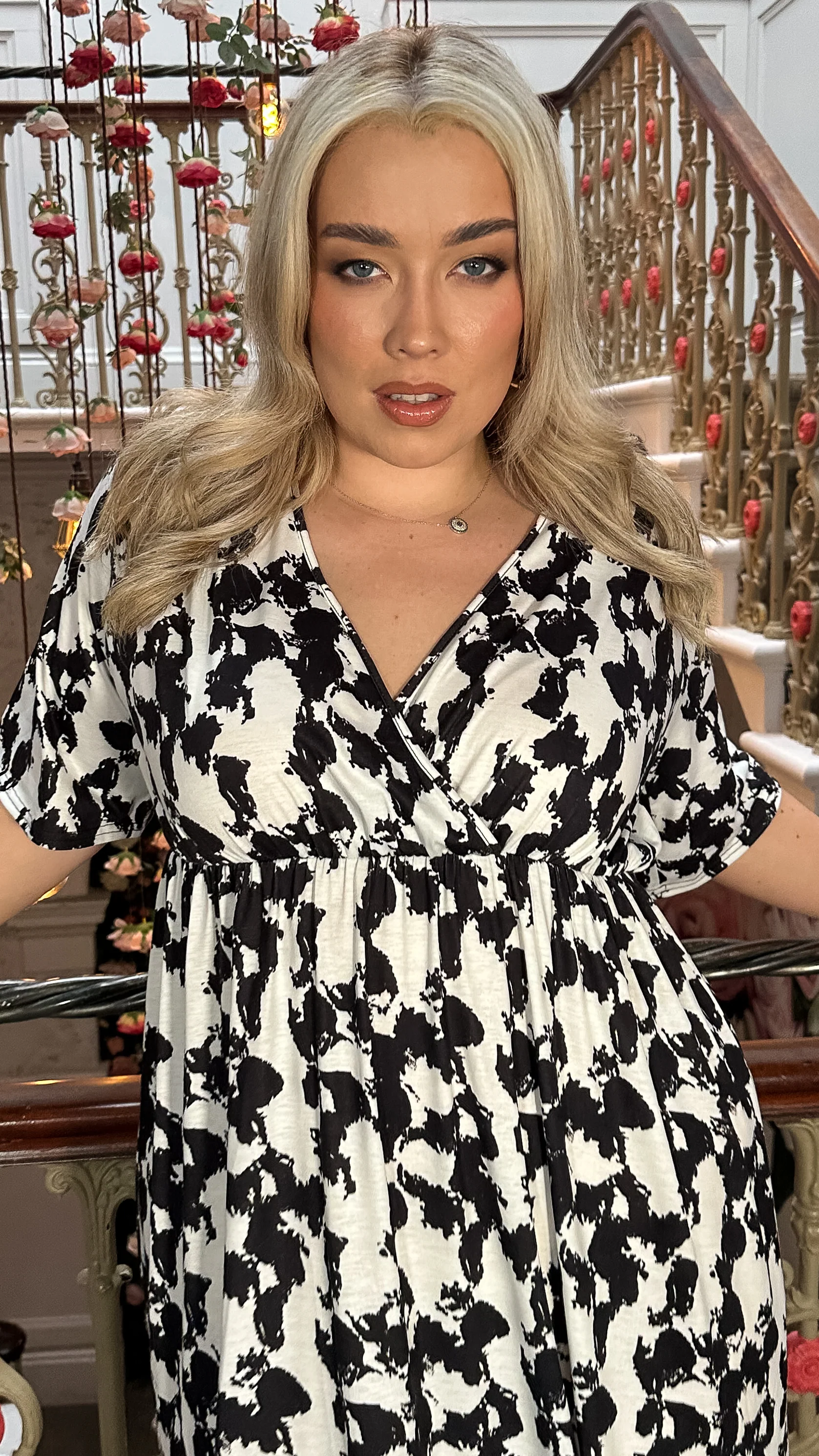 CurveWow Wrap Midi Dress Black White Abstract - Image 3
