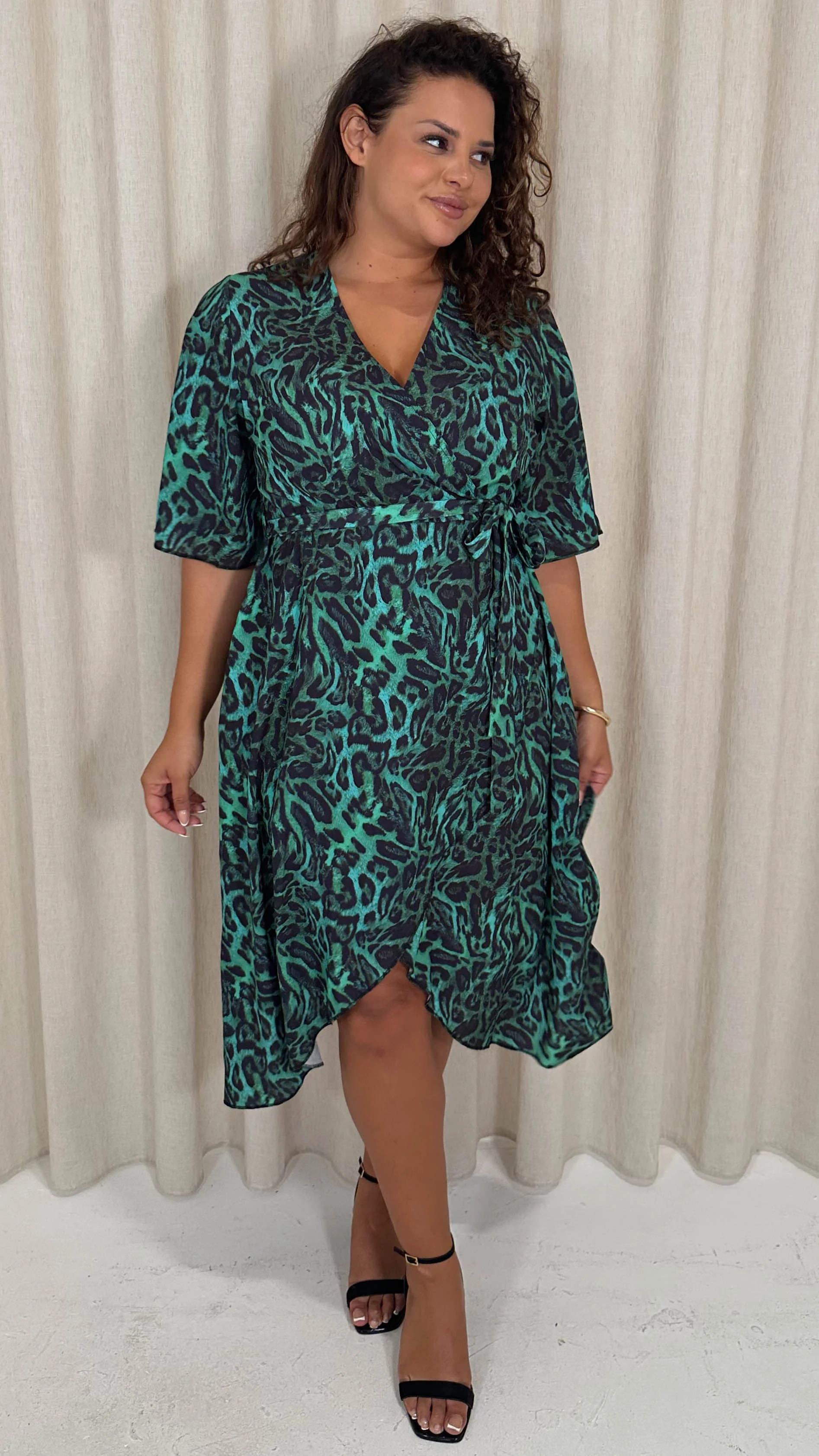 CurveWow Wrap Midi Dress Green Animal - Image 3