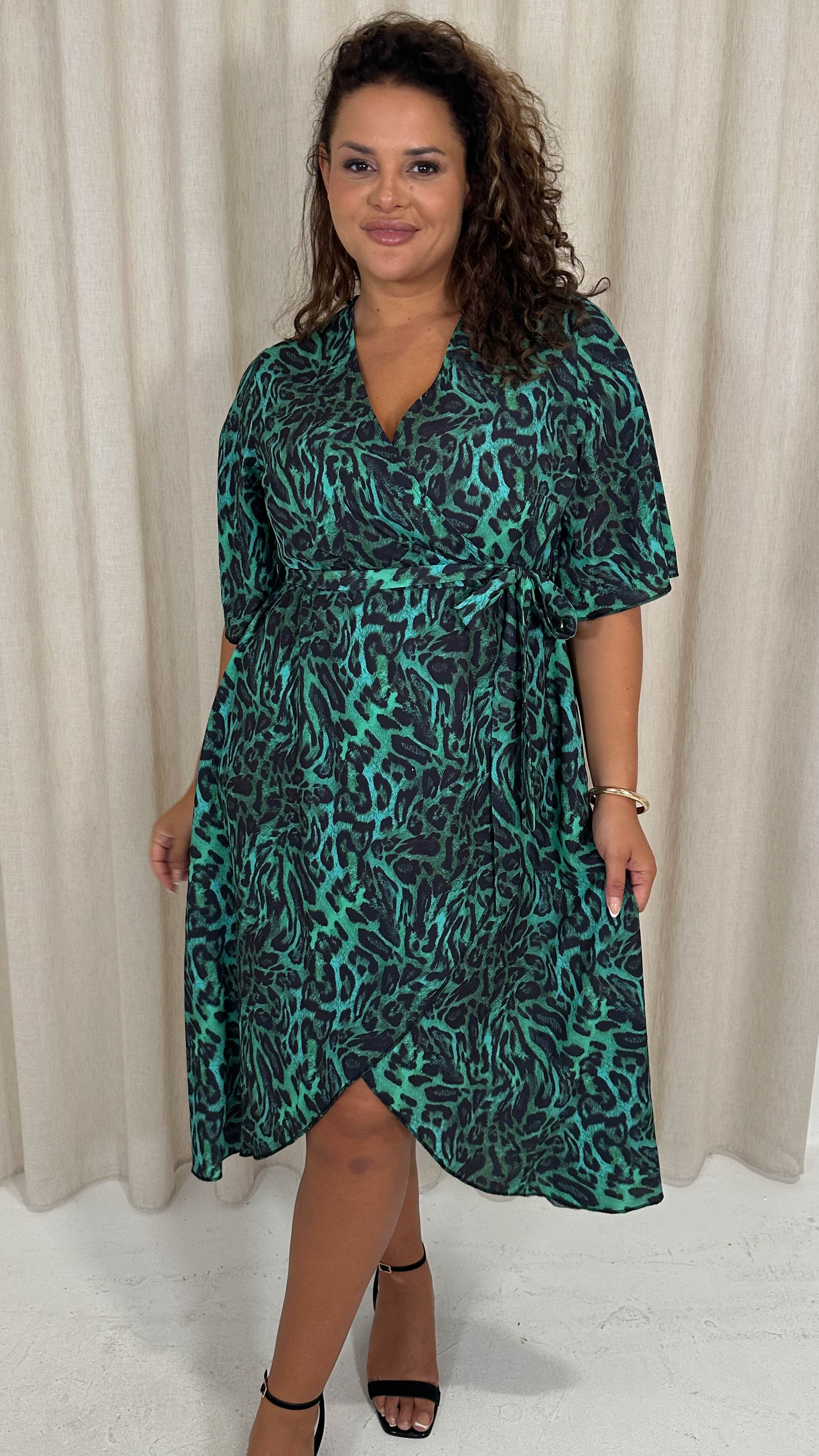 CurveWow Wrap Midi Dress Green Animal - Image 4