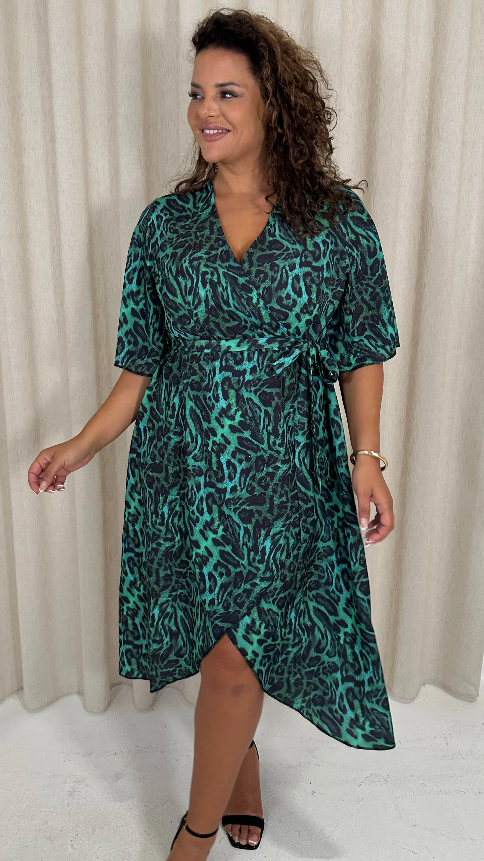 CurveWow Wrap Midi Dress Green Animal - Image 5