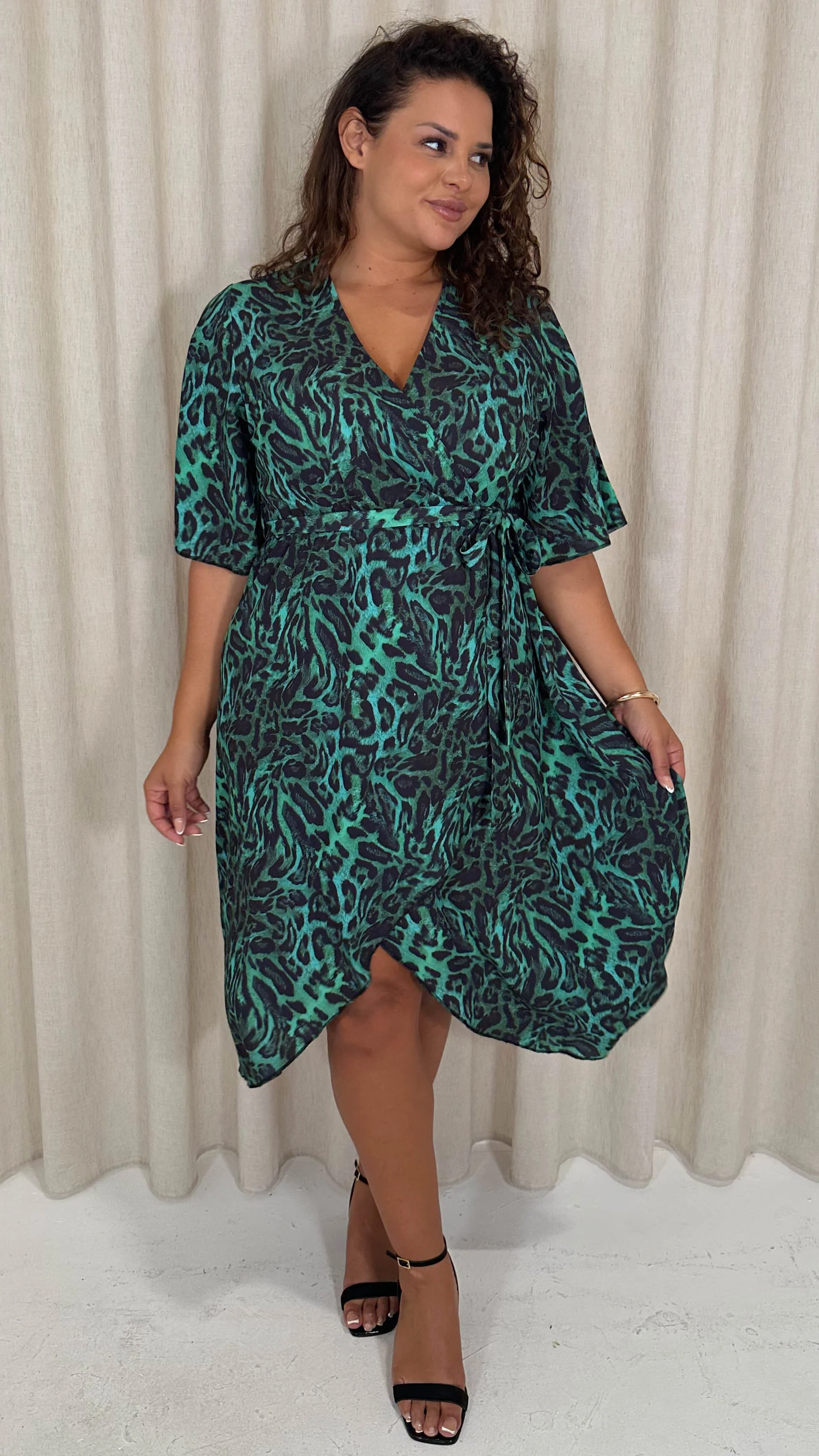 CurveWow Wrap Midi Dress Green Animal - Image 6