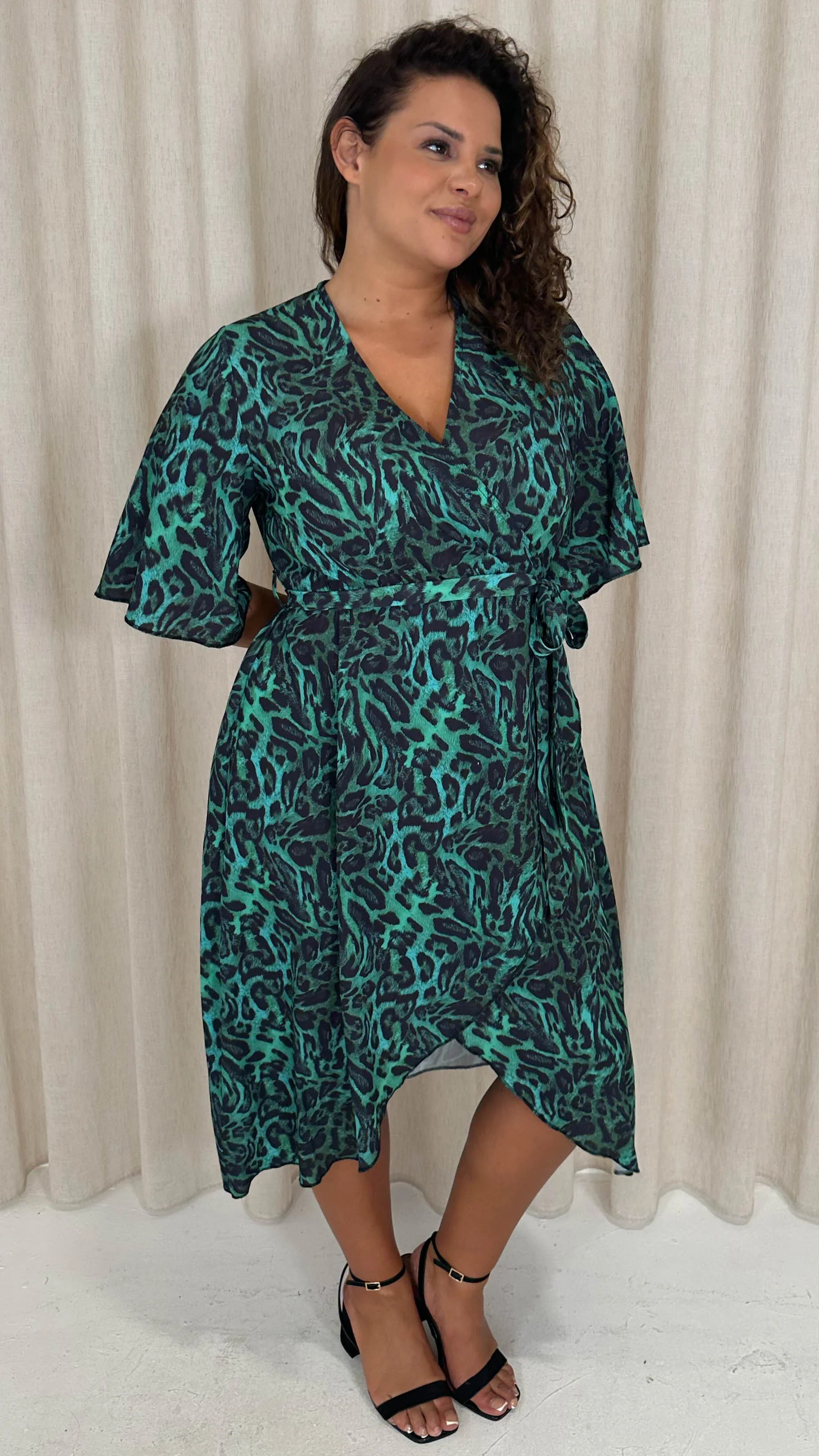 CurveWow Wrap Midi Dress Green Animal - Image 7