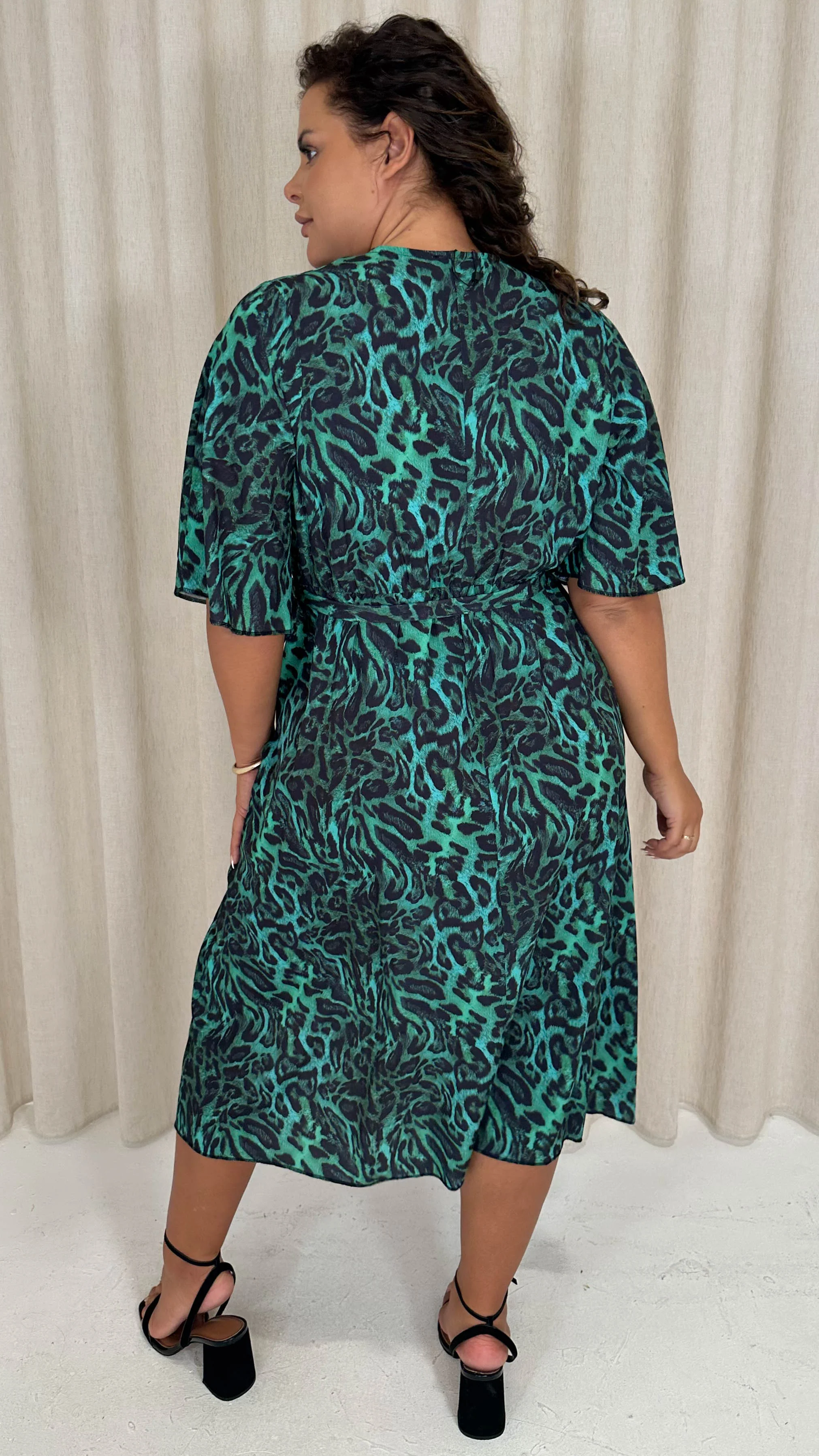 CurveWow Wrap Midi Dress Green Animal - Image 9
