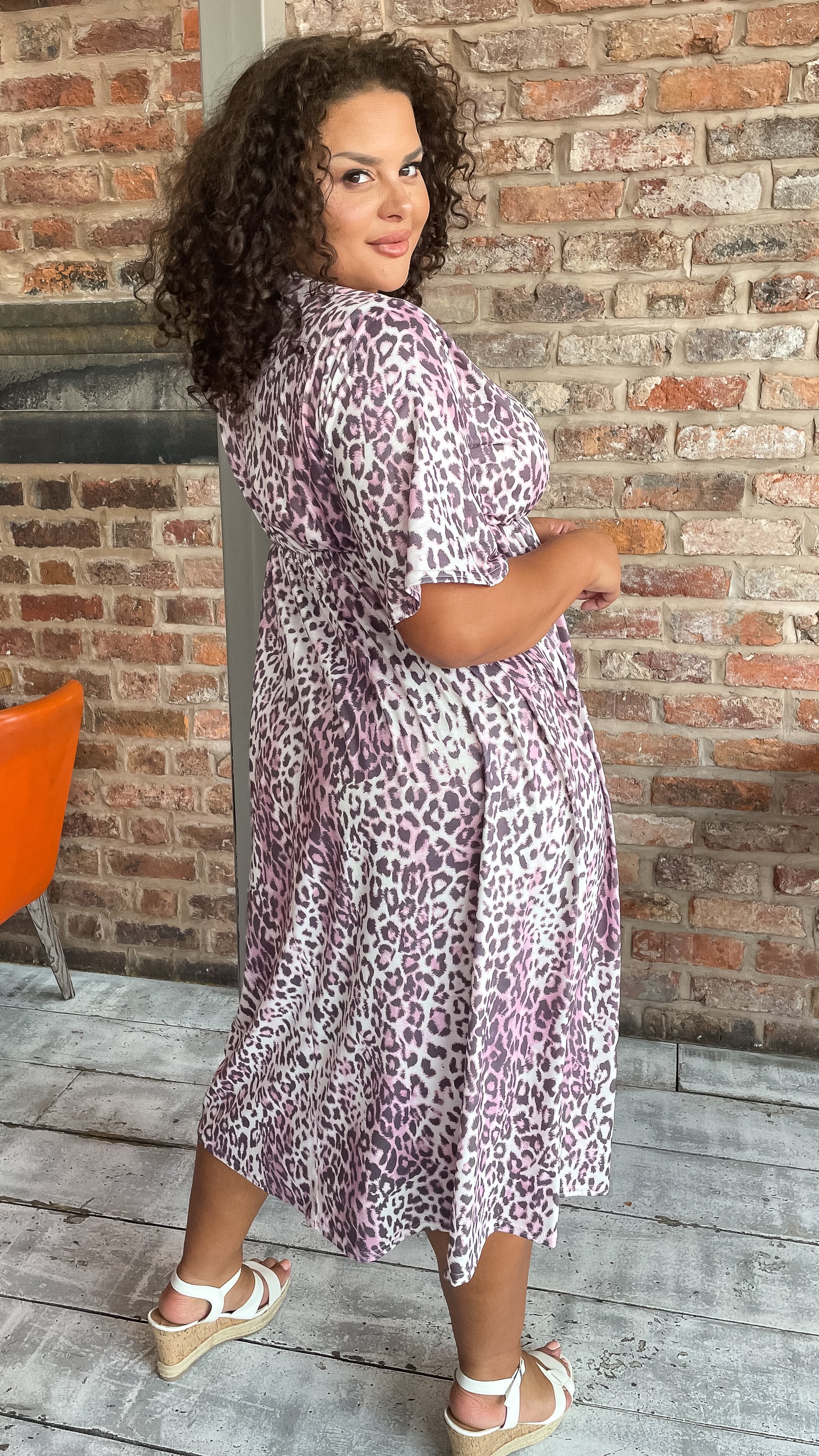 CurveWow Wrap Midi Dress Pink Leopard - Image 8