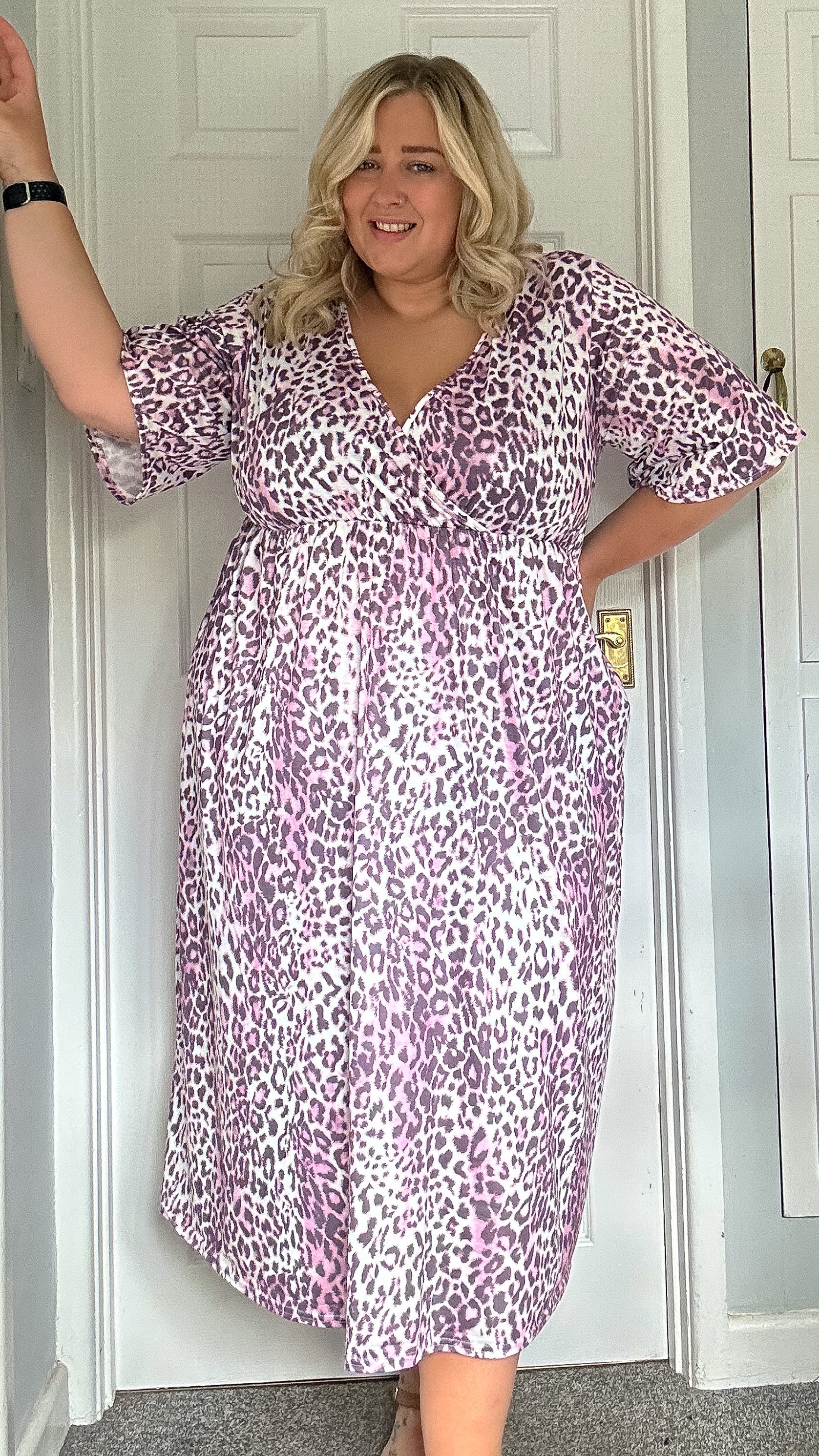 CurveWow Wrap Midi Dress Pink Leopard - Image 9