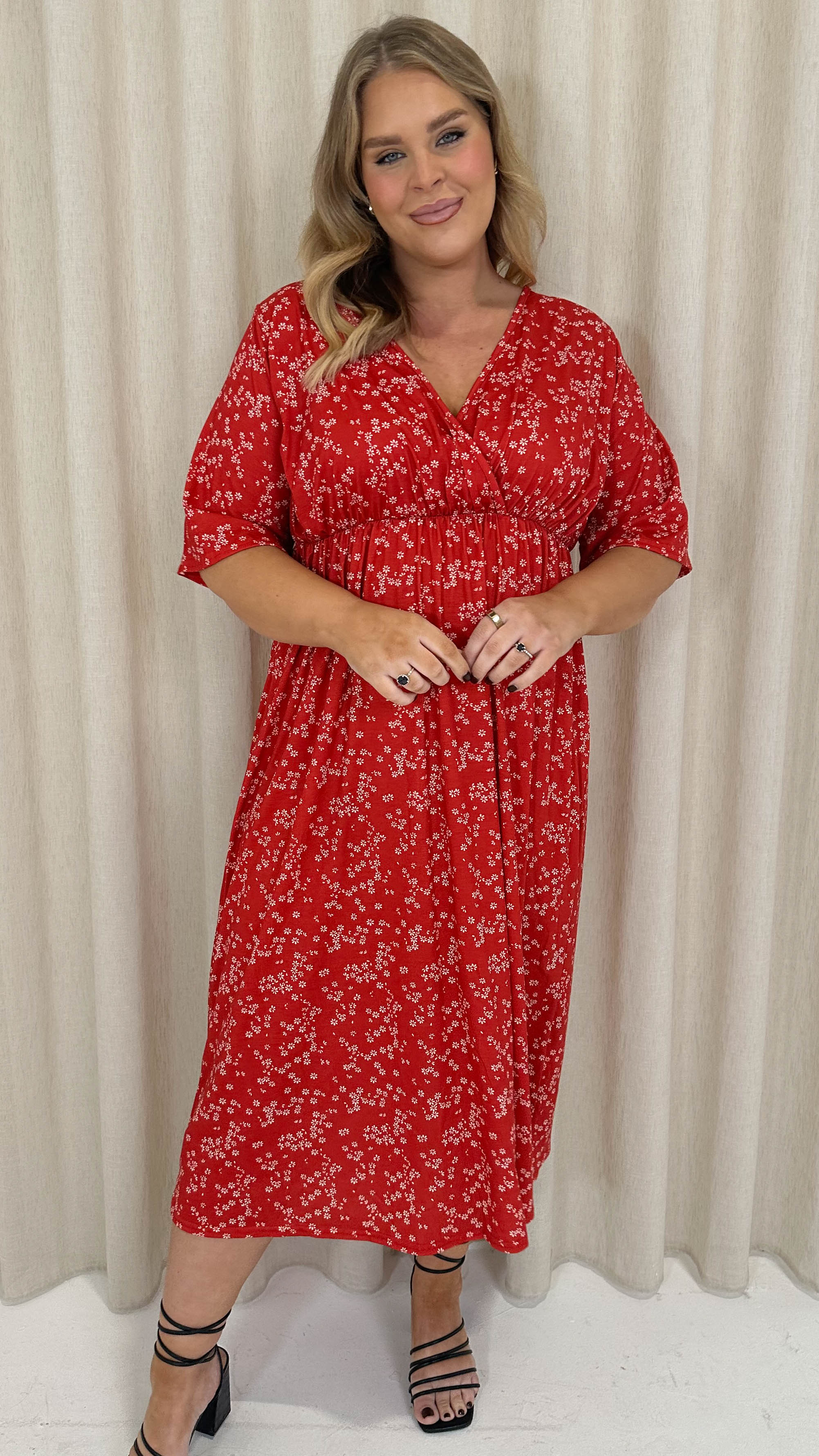 CurveWow Wrap Midi Dress Red Ditsy - Image 6