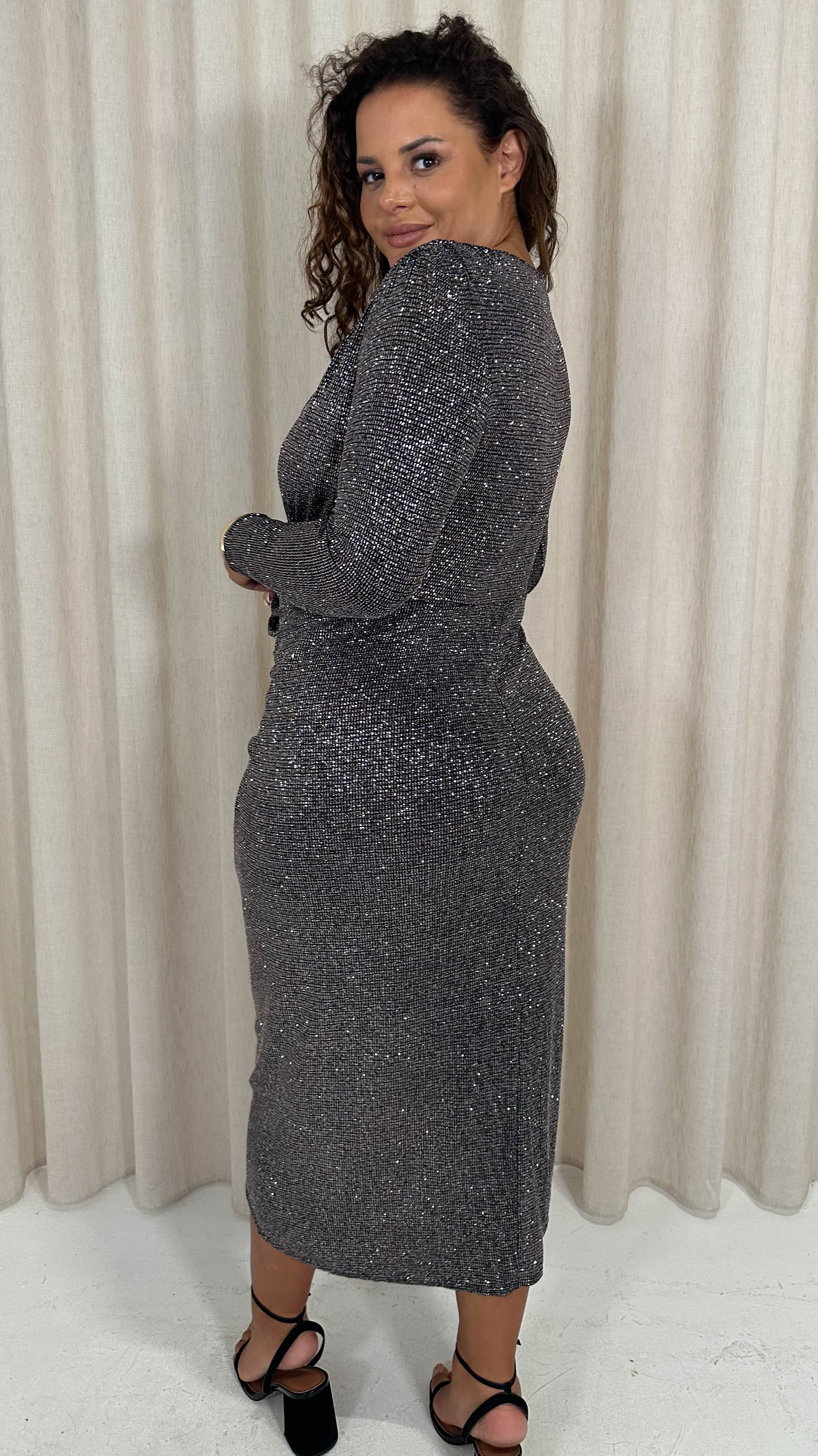 CurveWow Sparkle Wrap Ruched Midi Dress Black/Silver - Image 9