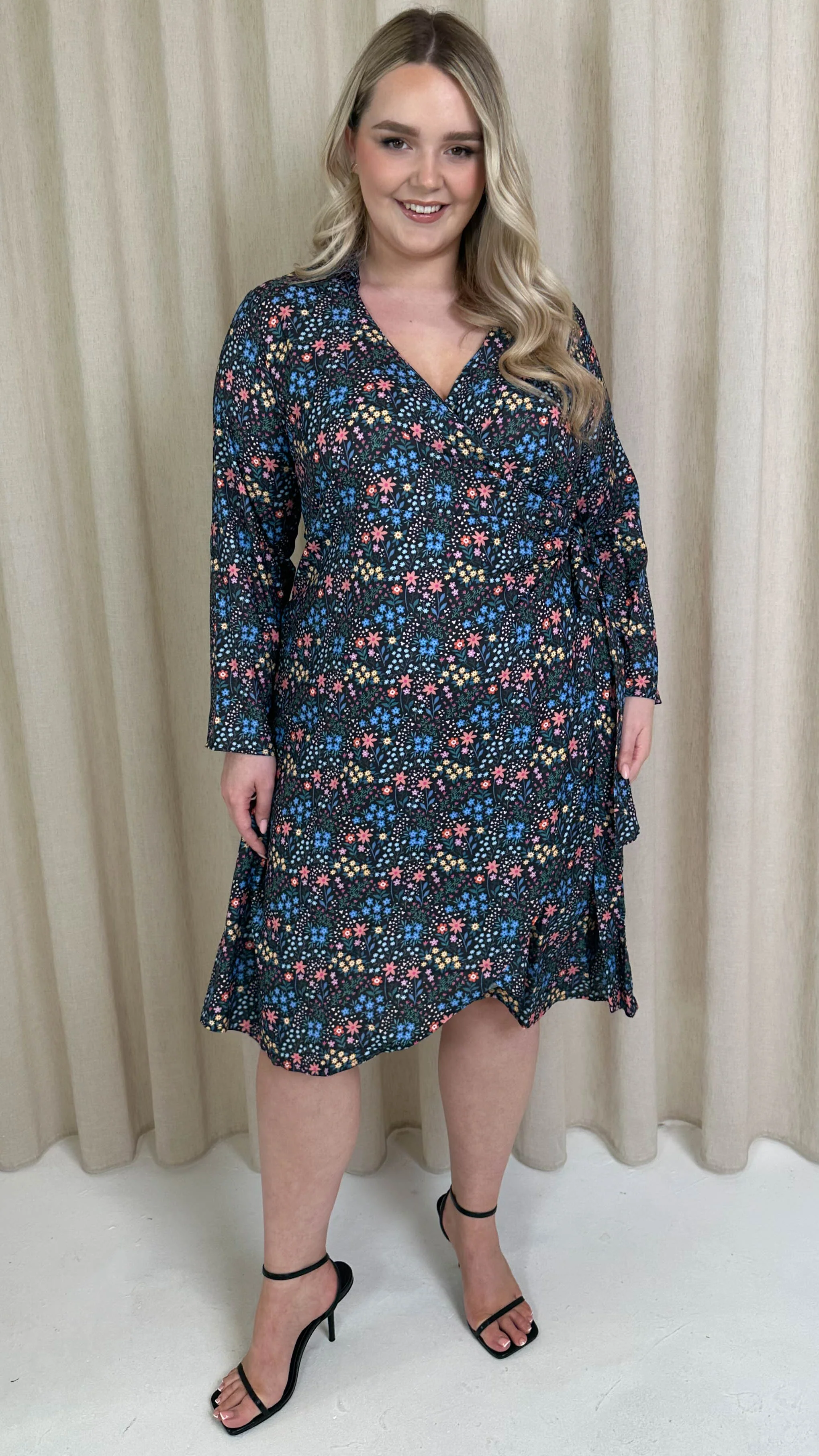 CurveWow Wrap Shirt Dress Black Multi Floral - Image 3