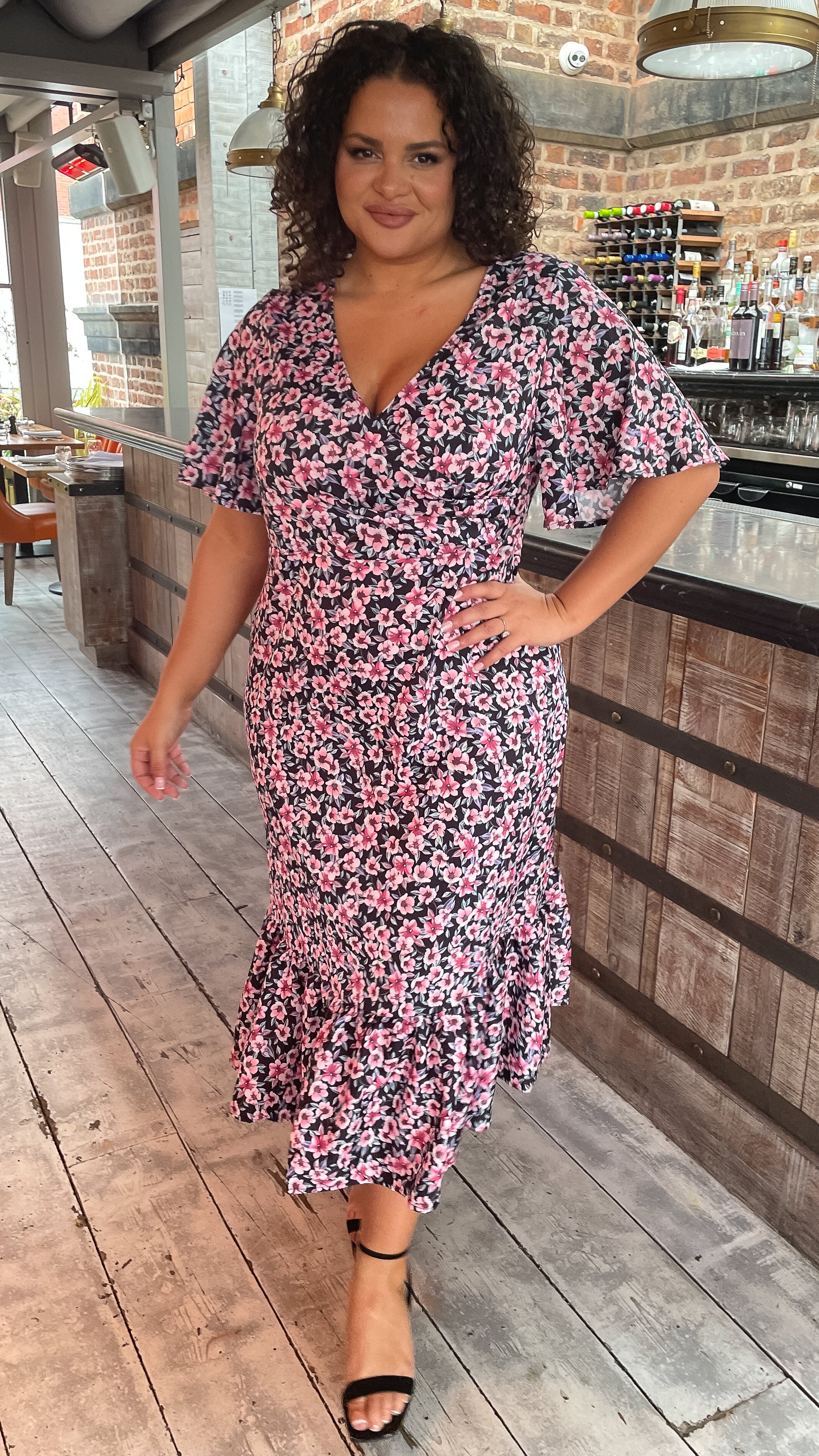 CurveWow Wrap Smock Dress Black Pink Floral - Image 6