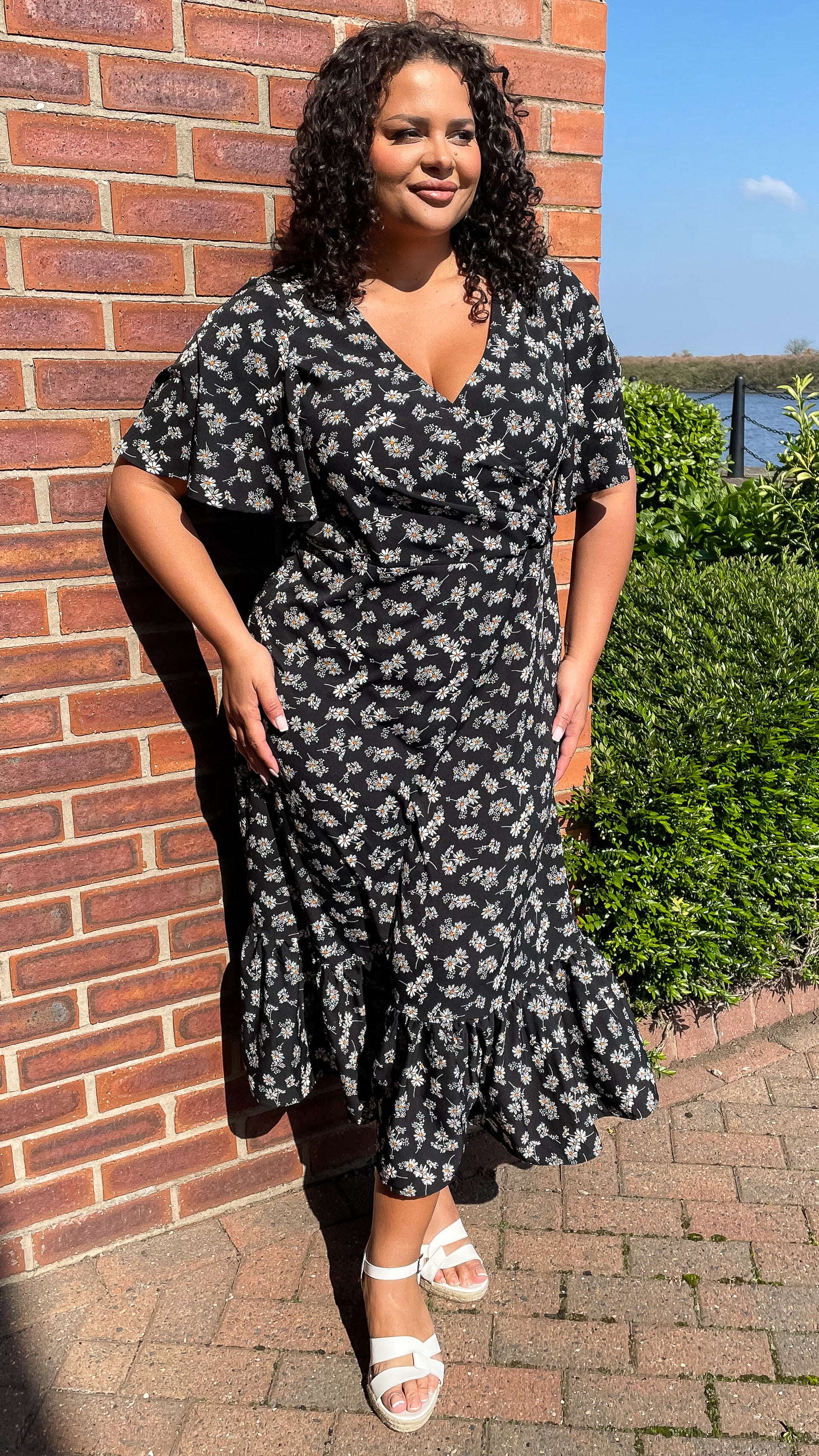 CurveWow Wrap Smock Dress Black White Floral