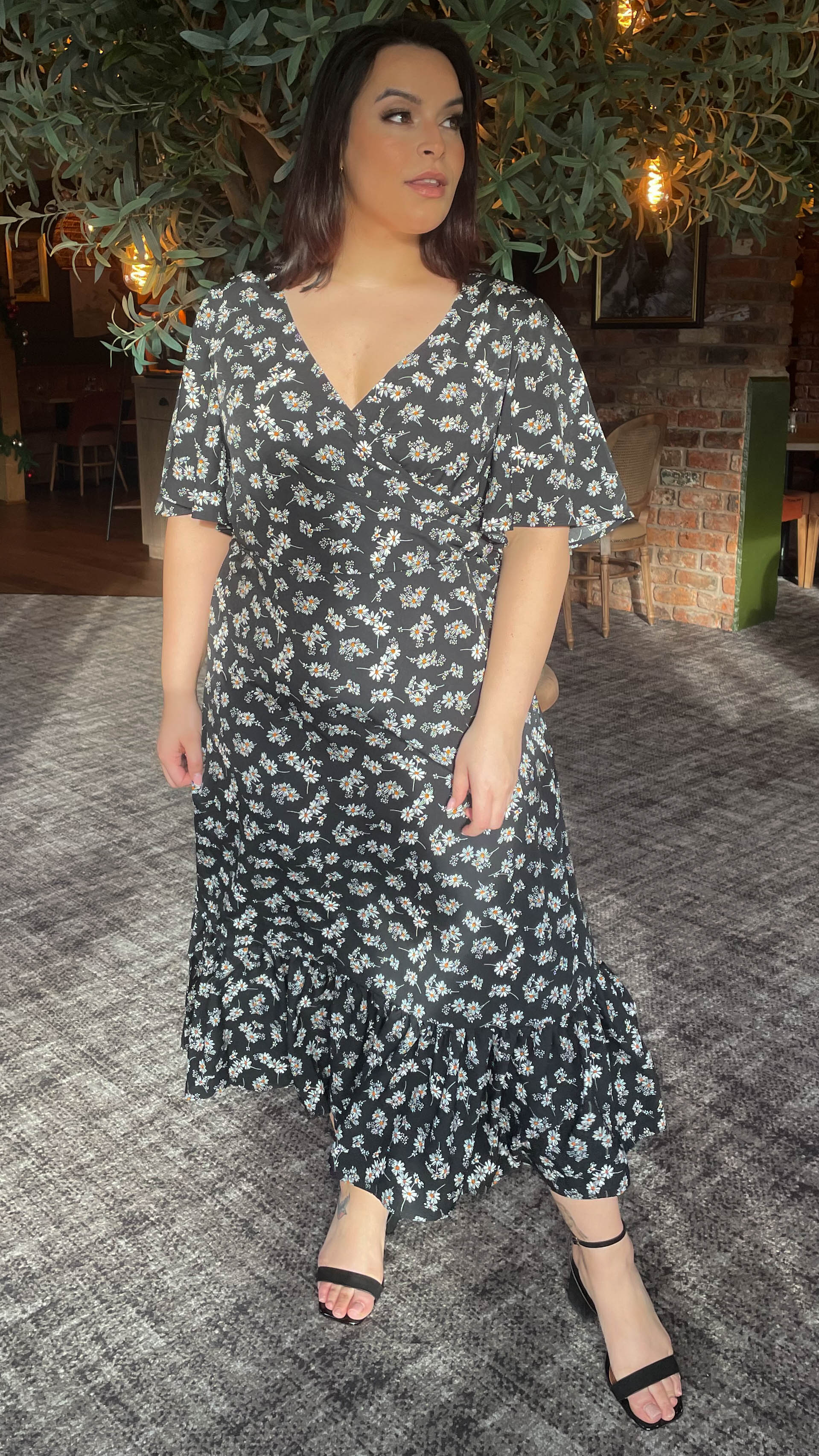 CurveWow Wrap Smock Dress Black White Floral - Image 9
