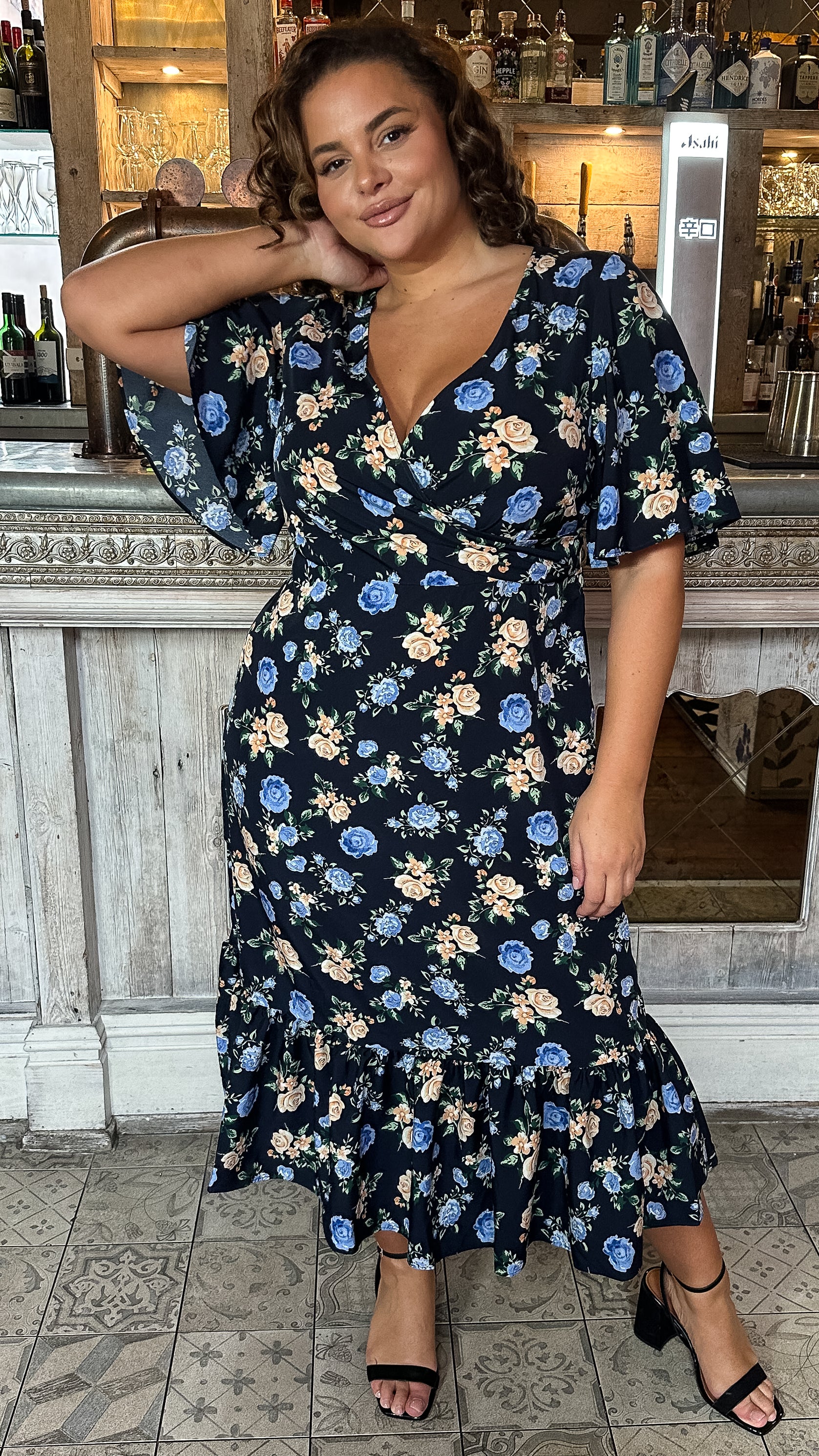 CurveWow Wrap Smock Midi Dress Blue Floral - Image 2