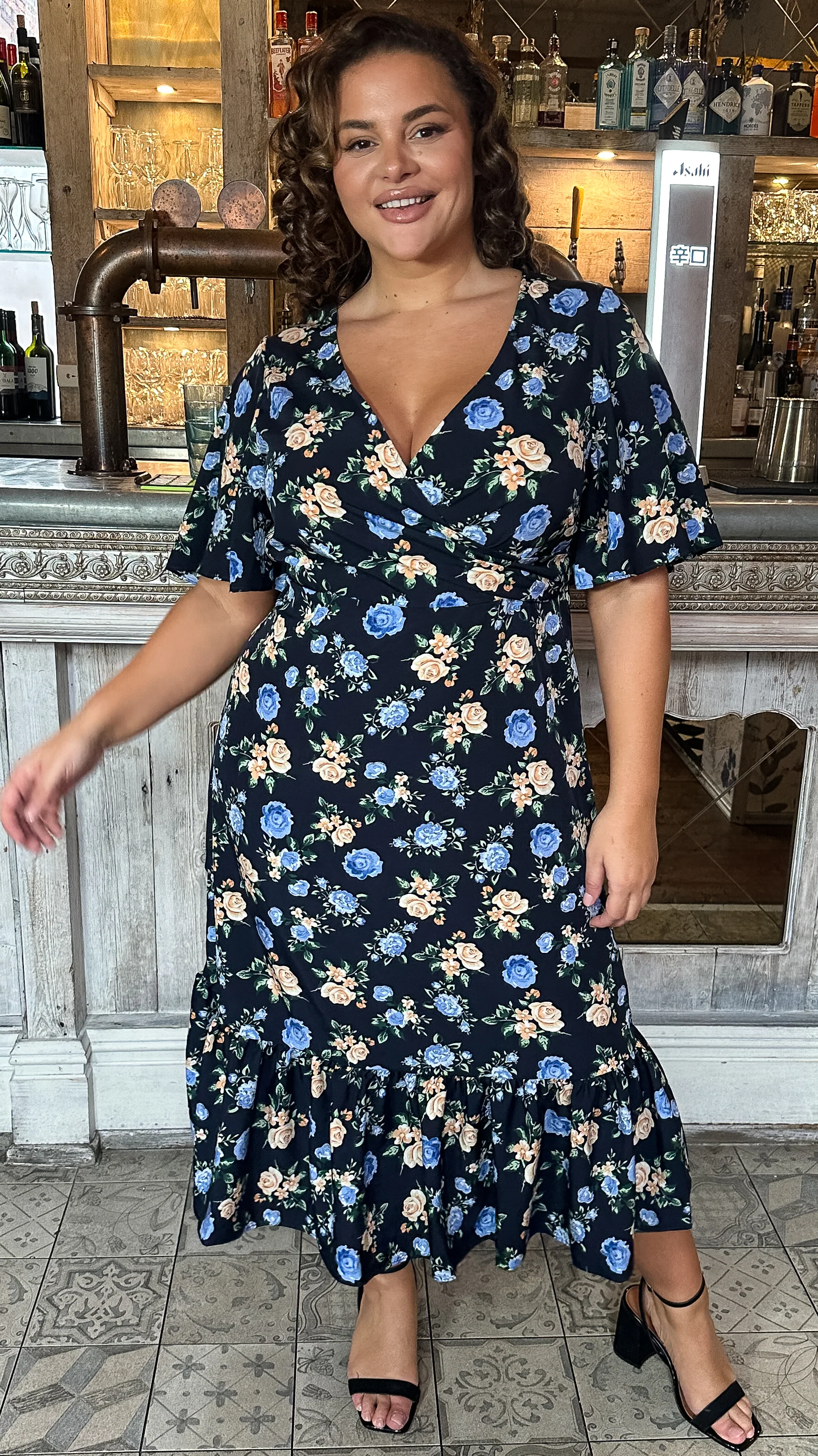 CurveWow Wrap Smock Midi Dress Blue Floral - Image 3