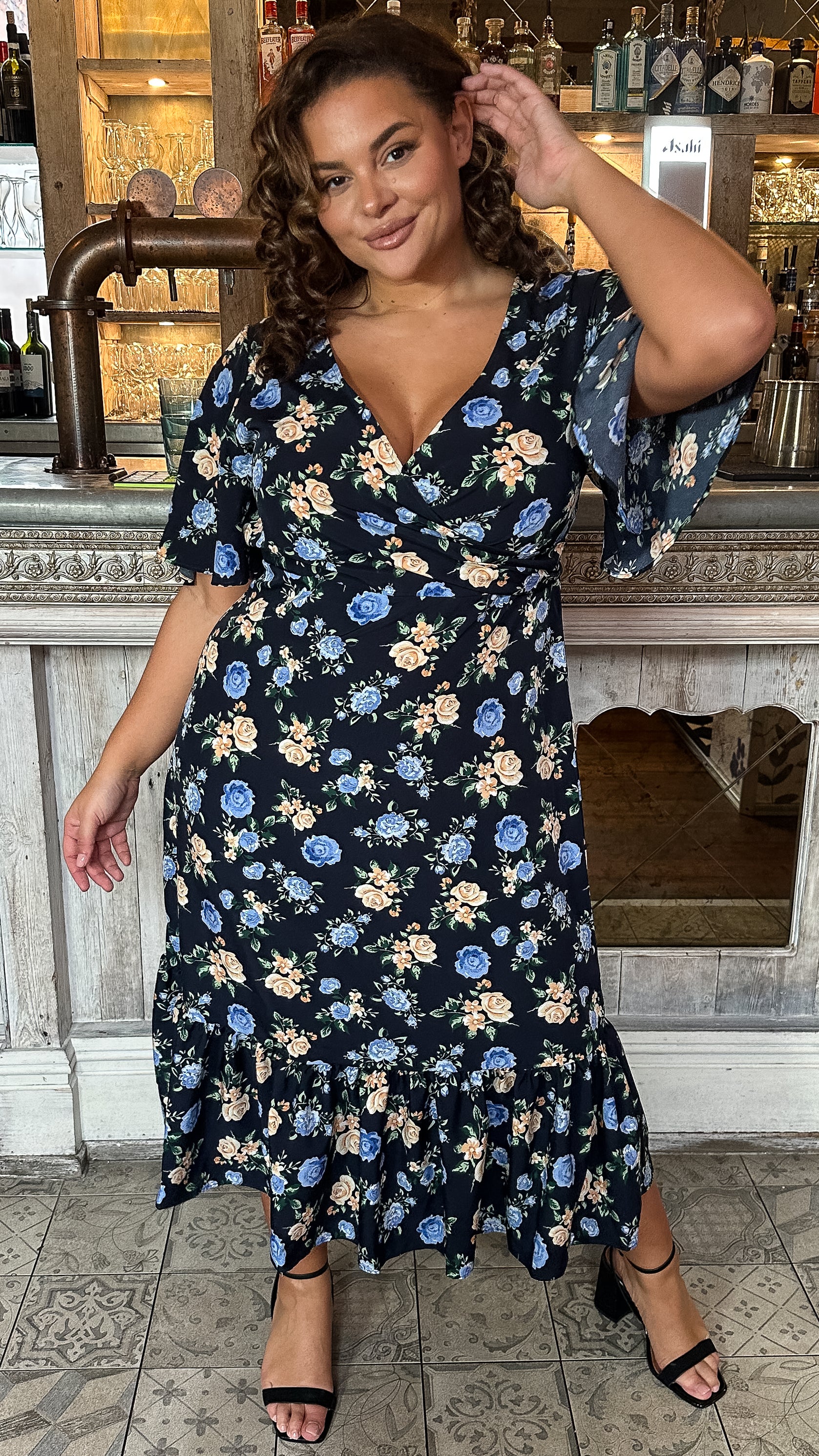 CurveWow Wrap Smock Midi Dress Blue Floral - Image 4